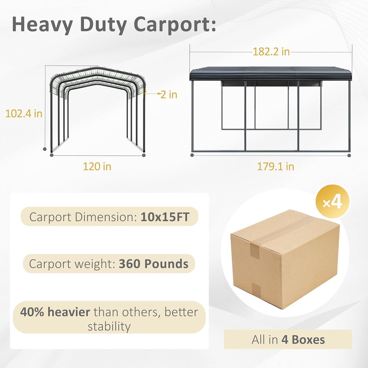 10x15 FT Gray Metal Carport with Peak Roof