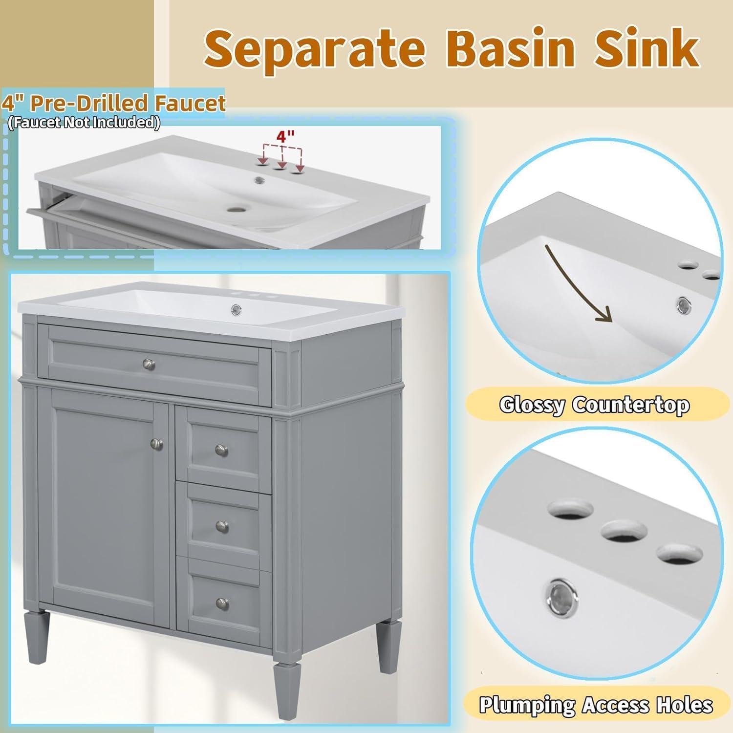 Bathroom Vanity with Top Sink, Tip-out Drawer, 30’’ Solid Wood + MDF Single Bathroom Storage Cabinet with Sink Combo Set, Grey