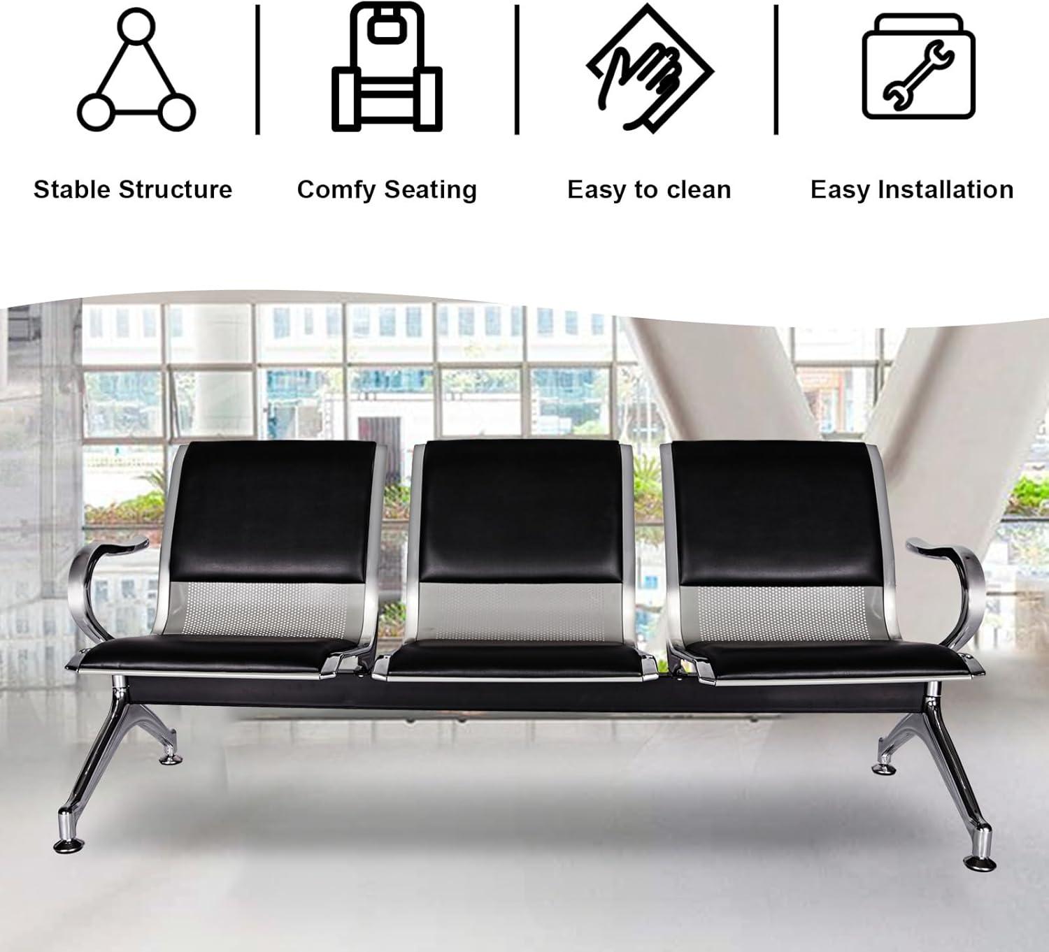 Kinbor Waiting Room Chairs, 3-Seat Reception Chairs Office Guest Waiting Furniture Bench Seating for Airport Bank Hospital, Black