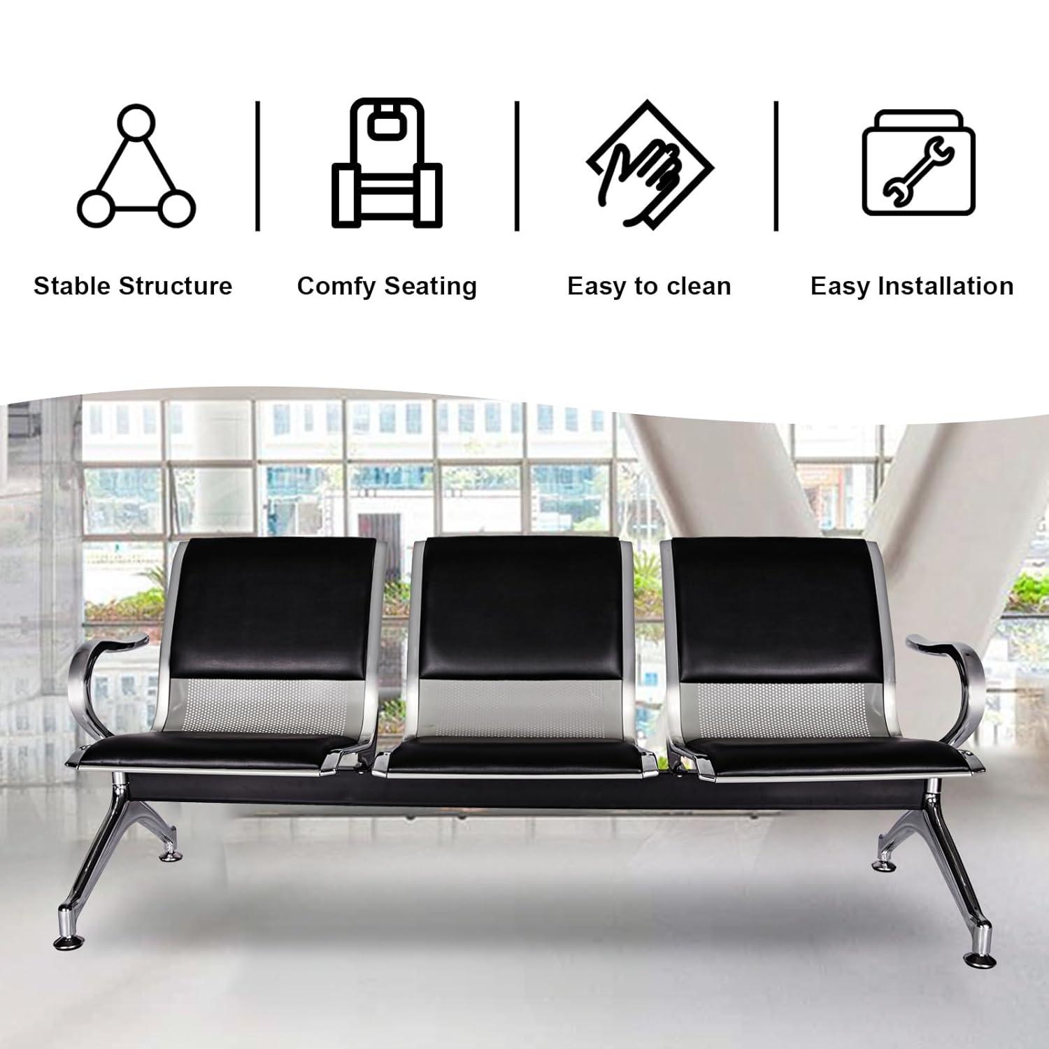 Kinbor Waiting Room Chairs, 3-Seat Reception Chairs Office Guest Waiting Furniture Bench Seating for Airport Bank Hospital, Black