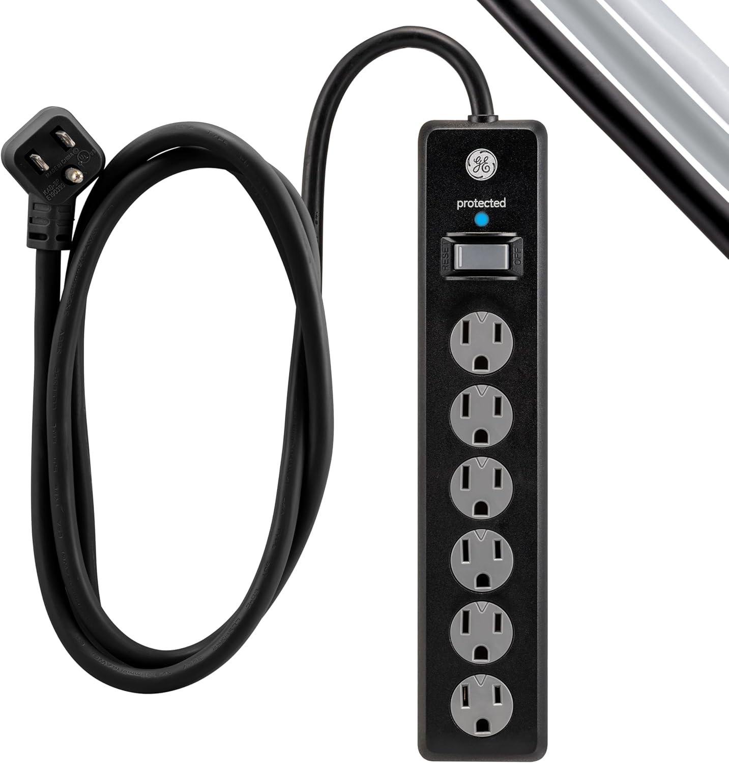 GE 6-Outlet Power Strip Surge Protector, 4ft. Cord, Safety Covers, Black, 33659