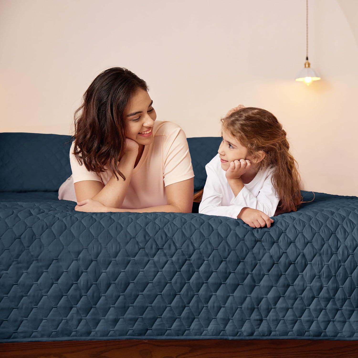 Exclusivo Mezcla Reversible Queen Quilt Set, 3-Piece Lightweight Quilts Soft Bedspreads Bed Coverlets, Navy Blue