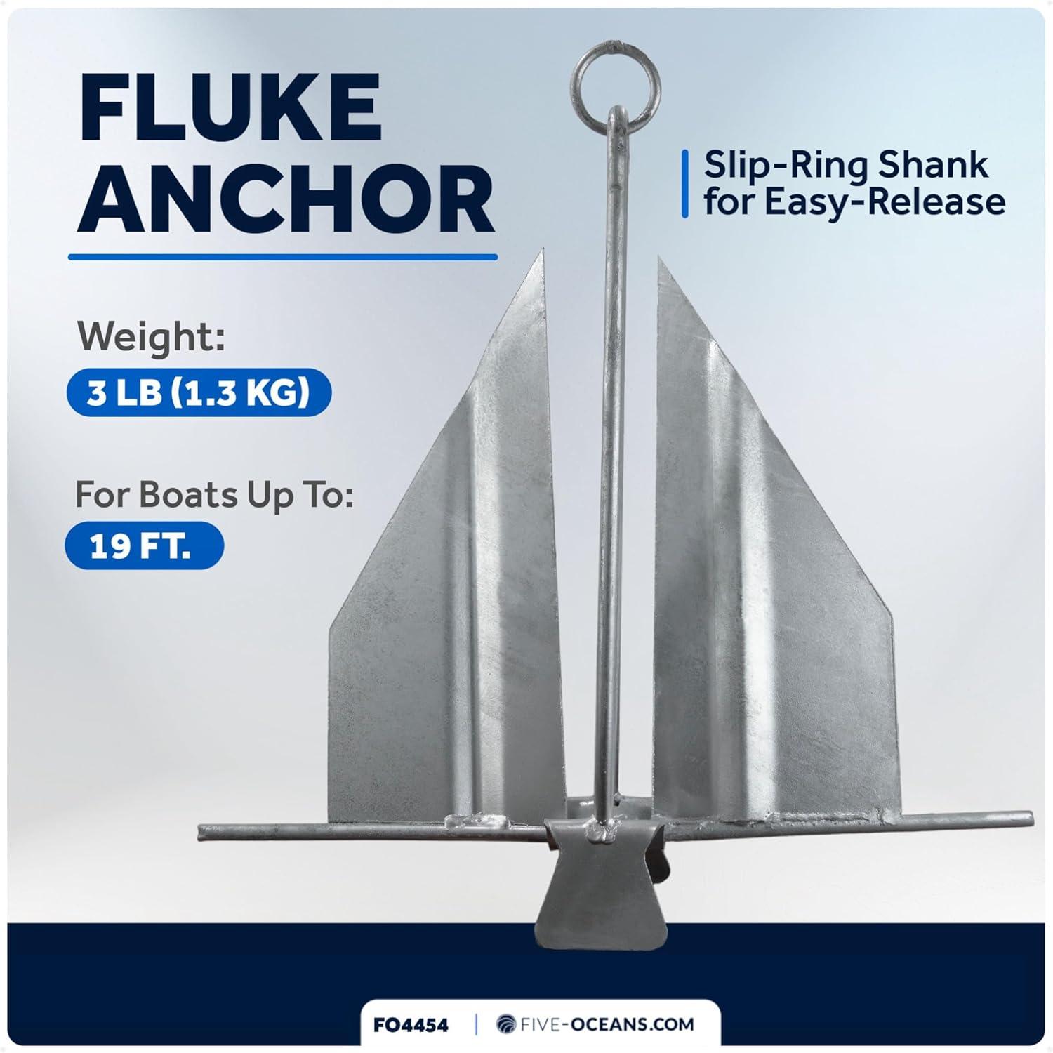 Five Oceans Boat Anchor - Fluke Anchor, 3 Lb, Galvanized Steel Slip Ring Boat Anchor, Boat Anchors, Small Boat Anchor for Kayak, Dinghies Personal Watercraft Paddleboards Canoes Small Boats - FO4554