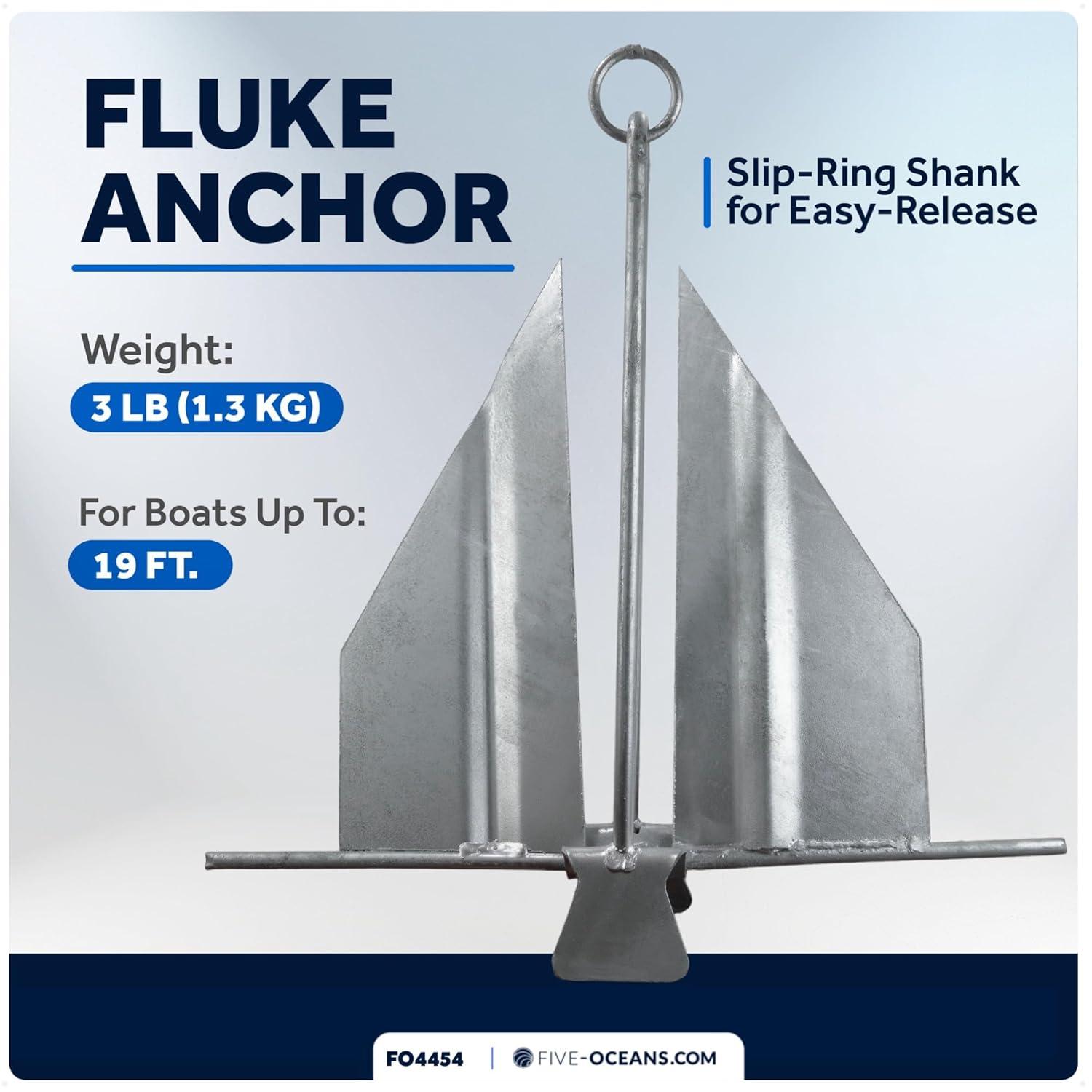 Five Oceans Boat Anchor - Fluke Anchor, 3 Lb, Galvanized Steel Slip Ring Boat Anchor, Boat Anchors, Small Boat Anchor for Kayak, Dinghies Personal Watercraft Paddleboards Canoes Small Boats - FO4554