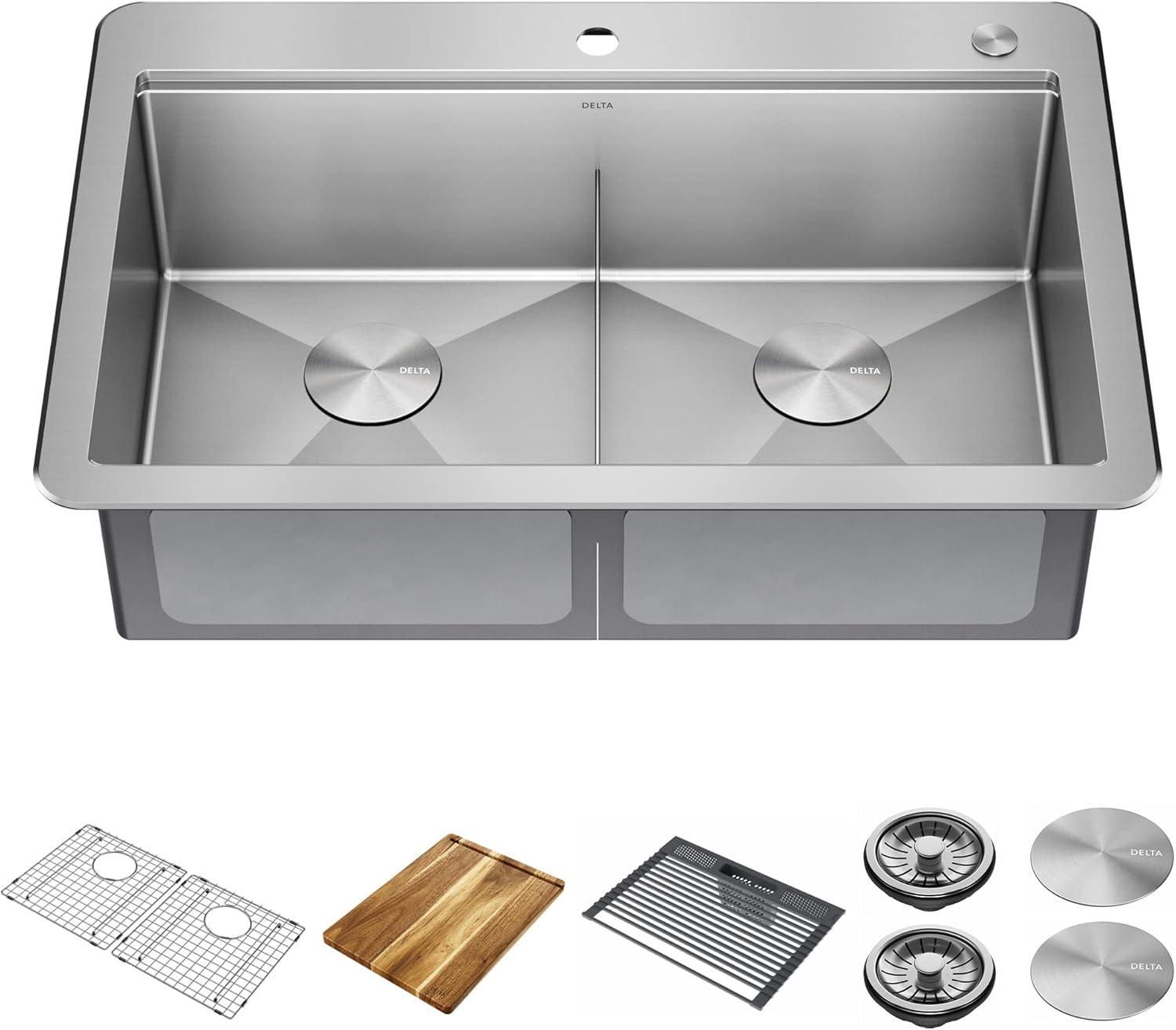 Delta Lorelai™ 33" L Workstation Kitchen Sink Drop-In Top Mount 16 Gauge Stainless Steel Double Bowl