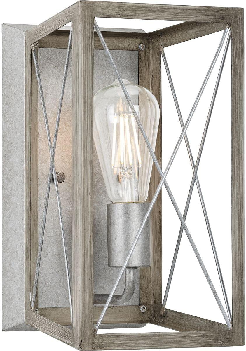 Progress Lighting Briarwood 1-Light Wall Sconce, Galvanized Steel, X-Brace Design, Faux Wood Frame