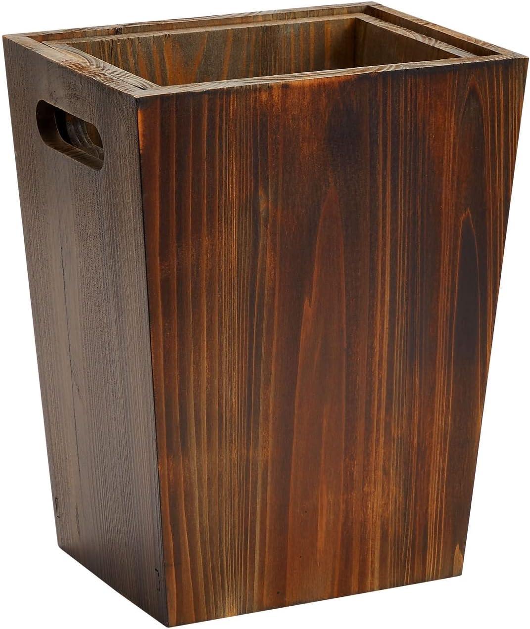 2 Piece Rustic Style Wood Trash Can Set, Farmhouse Square Wastebasket Bin with Handles for Home or Office (Brown, Small & Large)