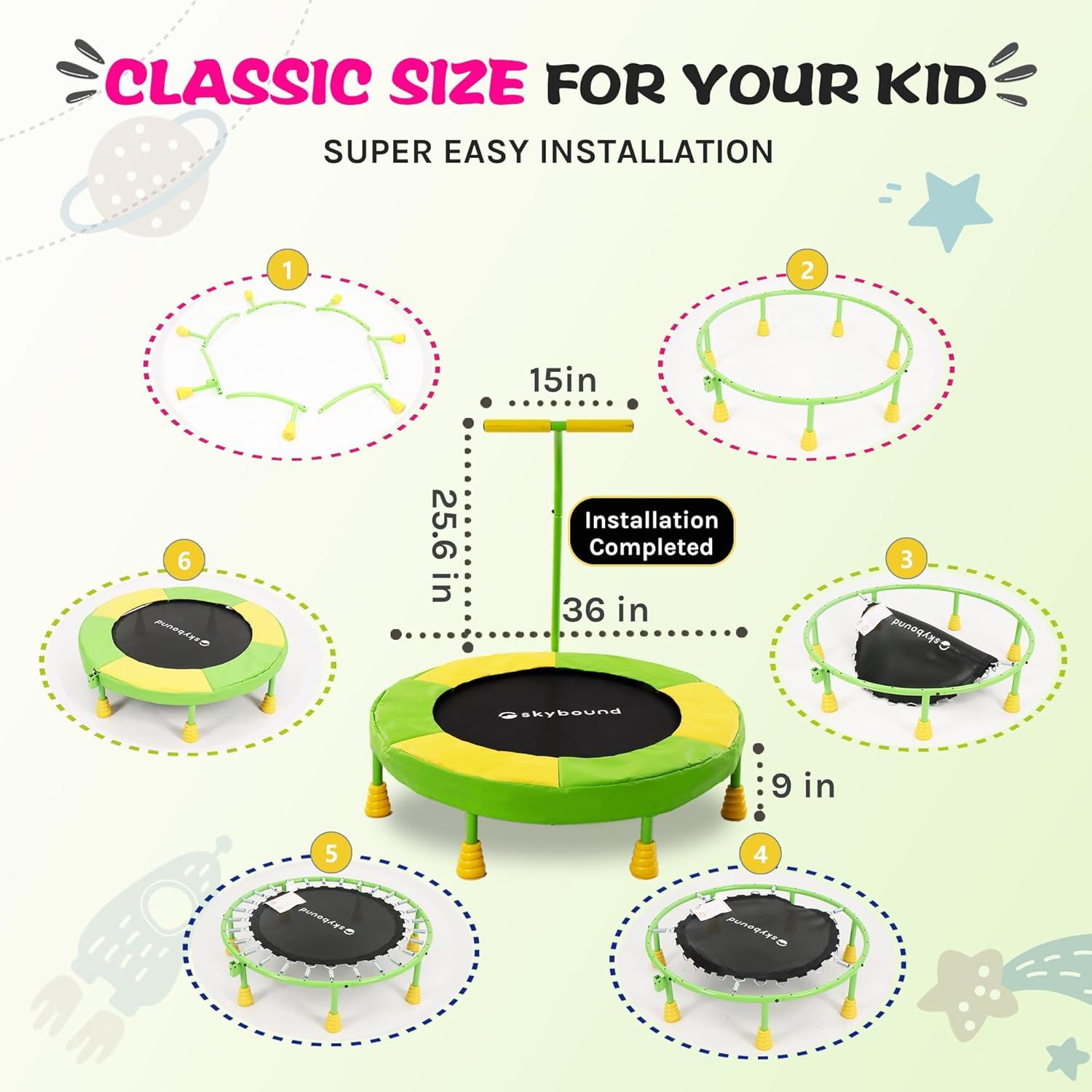 SkyBound 36 Inch Trampoline for Kids, toddler trampoline with handlebar for Age 3 +, indoor mini trampoline for kid