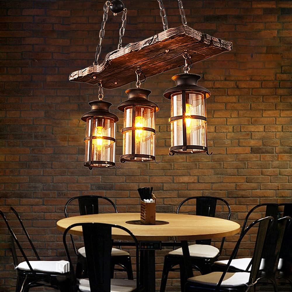 3-Light Rustic Kitchen Island Pendant Lamp Farmhouse Wood Iron Chandelier Industrial Ceiling Hanging Light with Glass Lampshade for Dining Living Room Restaurant Cafe Bar 39.4 x 27 in E26/E27 Base