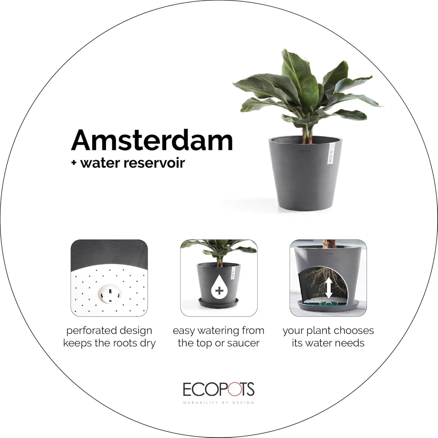 Ecopots Amsterdam Modern Round Recycled Plastic Planter Flower Pot with Water Reservoir