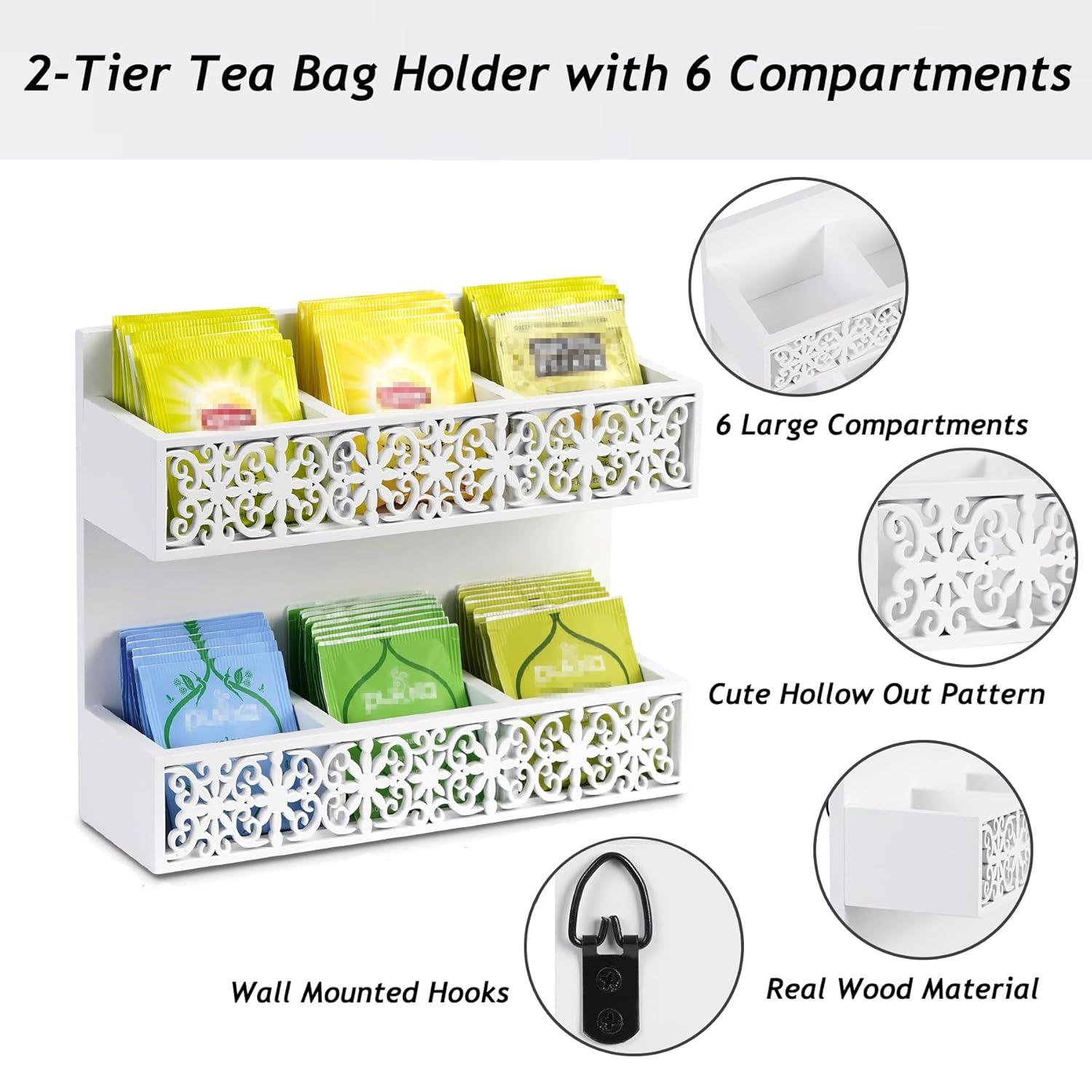 QILICHZ Tea Bag Organizer 2 Tier Wood Tea Bags Holder Wall Mounted Tea Box for Tea Bags Organizer Rustic Tea Chests for Tea Storage Coffee Display for Café, Home, Office