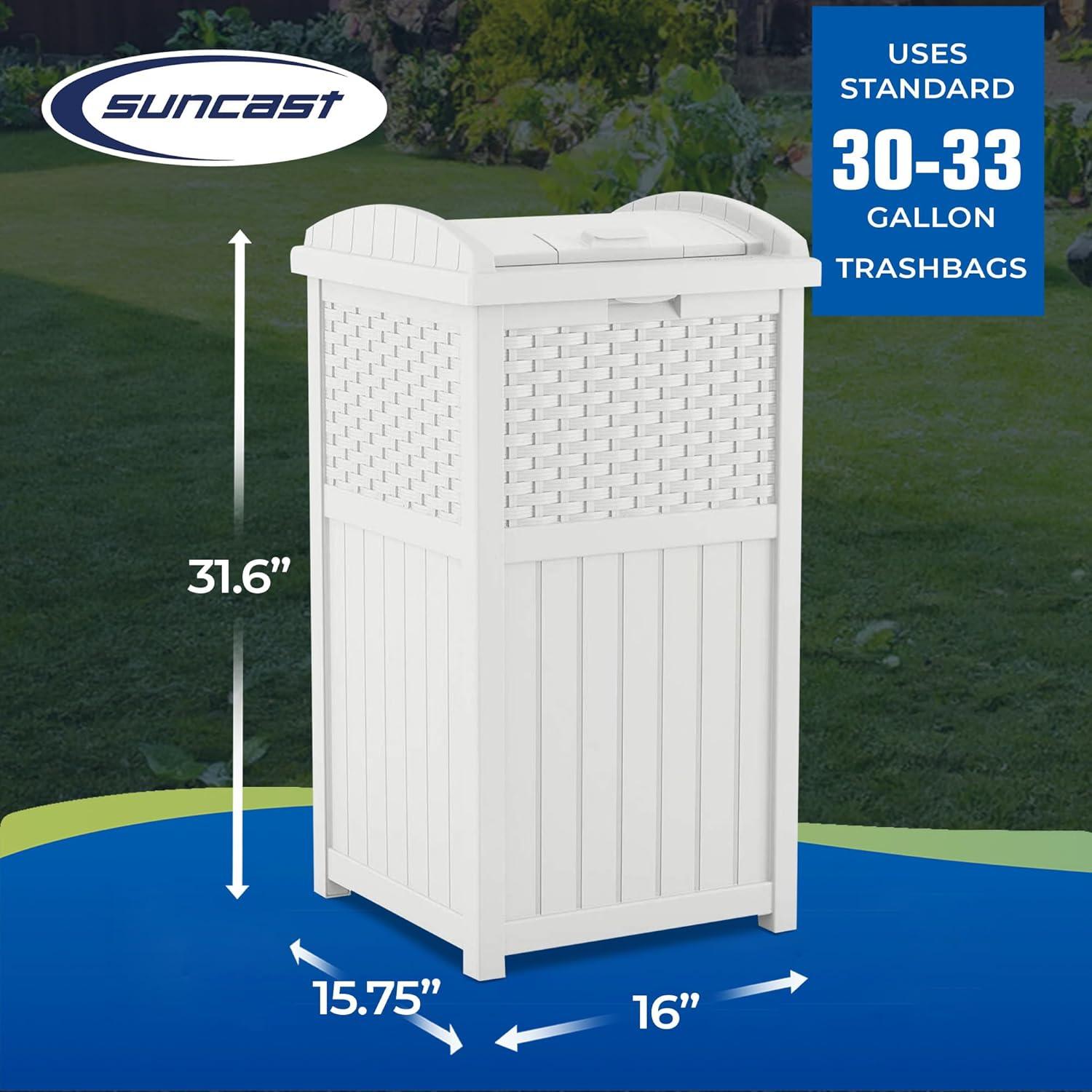 Suncast Wicker Resin Outdoor Hideaway Trash Can Bin with Latching Lid for Use in Backyard, Deck, or Patio, White (2 Pack)