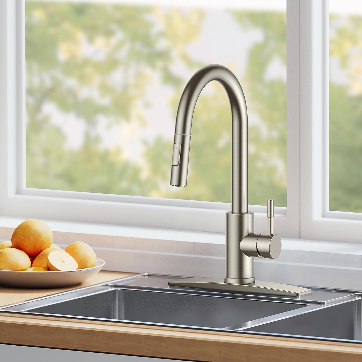 Kitchen Faucets, Brushed Nickel Kitchen Faucet with Pull Down Sprayer, Modern Kitchen Sink Faucet Stainless Steel, High Arc Gooseneck Faucet for Kitchen Sink, Bar, Farmhouse, Laundry