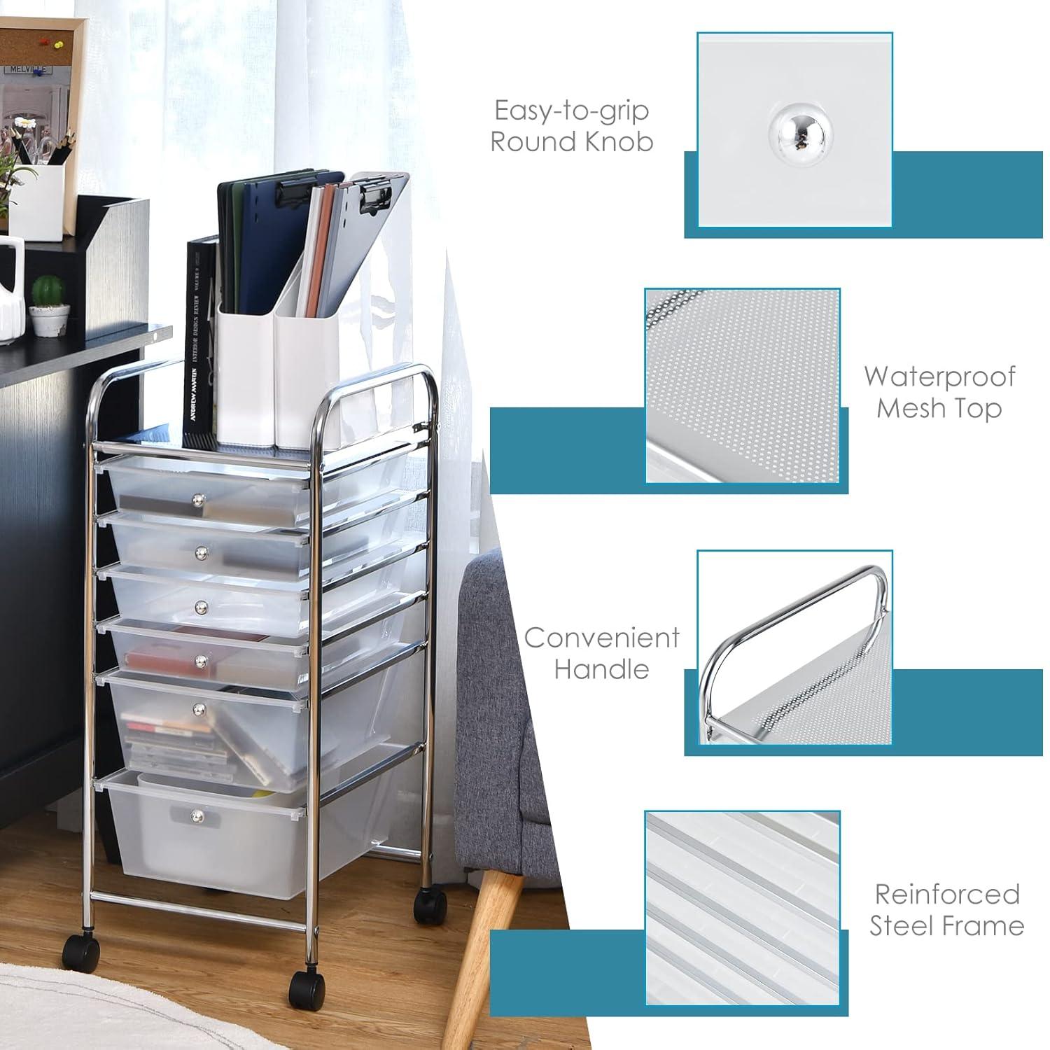 Clear 6-Drawer Rolling Storage Cart with Chrome Frame