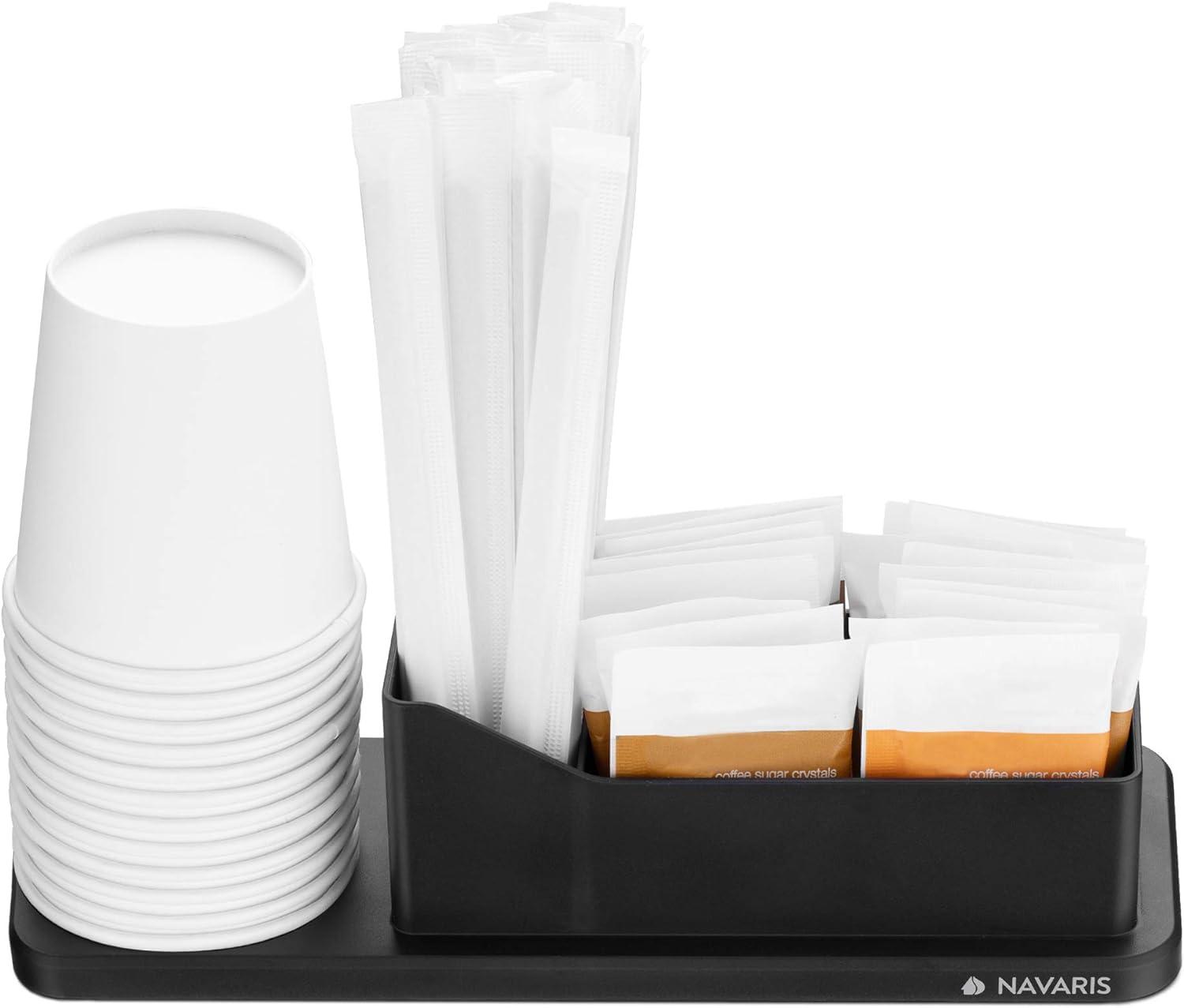Navaris Small Coffee Station Organizer - Tea and Coffee Condiment Supplies Holder with Stacking Cup Storage - For Kitchen or Office Break Room - Black