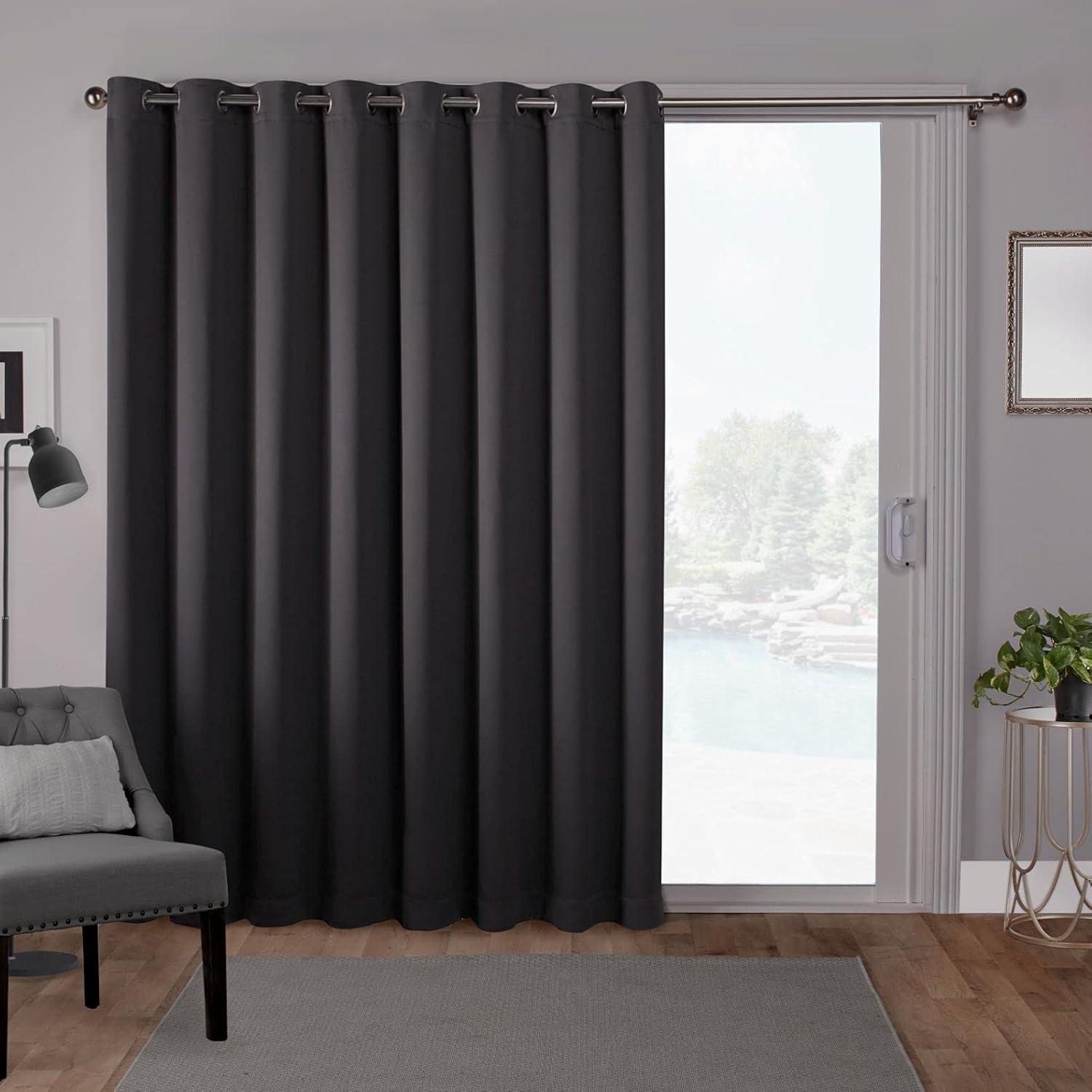 Exclusive Home Sateen Twill Woven Room Darkening Blackout Wide Patio Grommet Top Single Curtain Panel, 100"x84", Charcoal