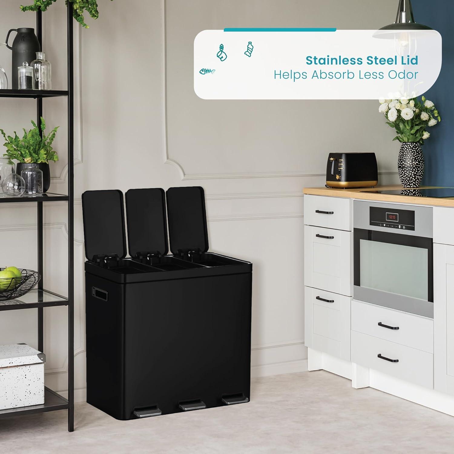 Black Stainless Steel 15.8 Gal. Step-On Kitchen Trash Can with Three Compartments