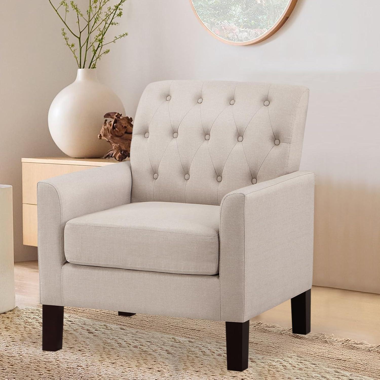 Linen Beige Tufted Upholstered Accent Chair with Wood Legs