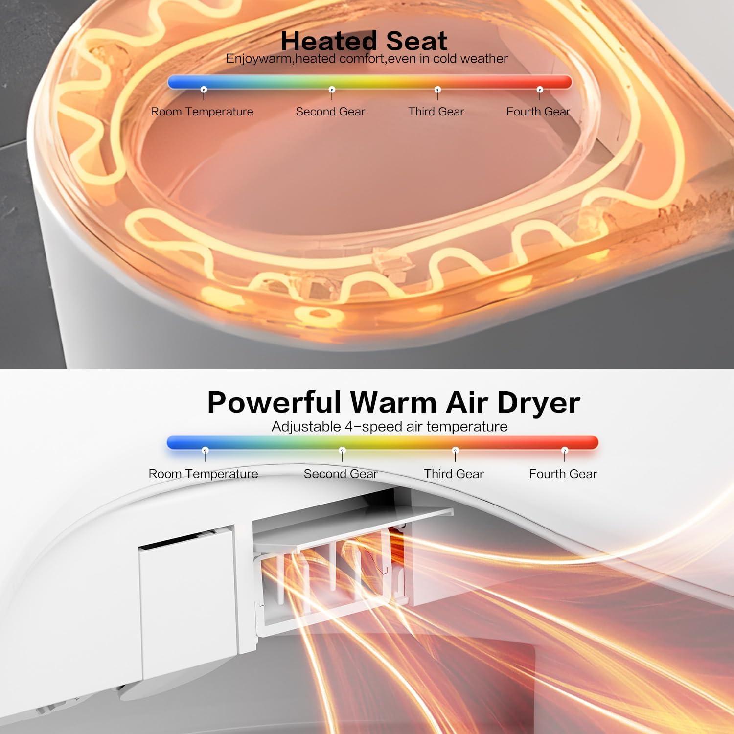 Smart Toilet with Warm Water Sprayer, Foot Sensor Operation, Heated Bidet Seat, Raised Tankless Toilet with LED Display