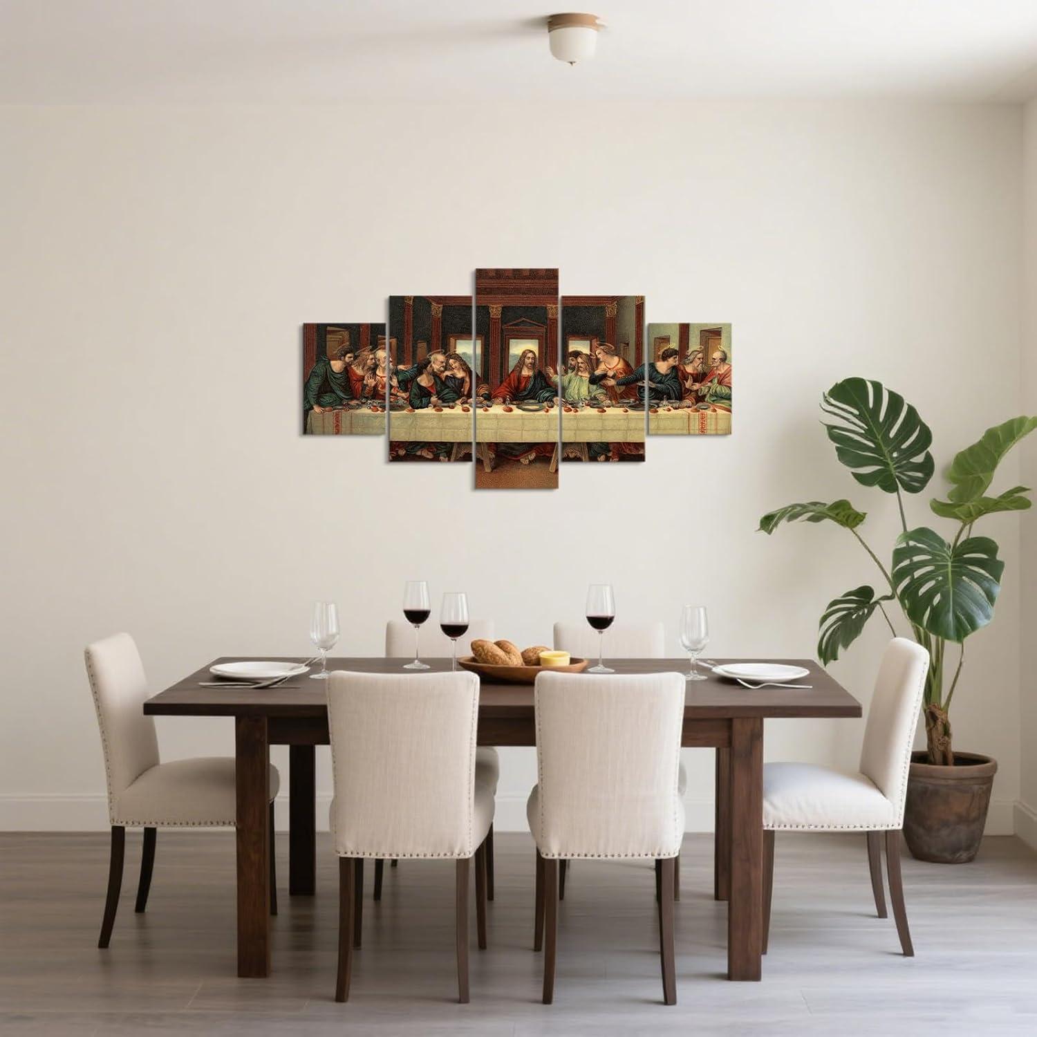 YOUHONG 5 Piece Last Supper Wall Art Christian Wall Decor Jesus Posters Leonardo Da Vinci Dining Room Decor The Last Supper Painting for Bedroom Living Room Decor (50''W x 24''H)
