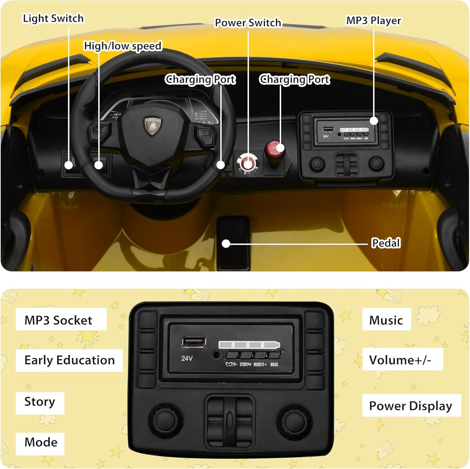 24V Lamborghini 2-seater Battery Powered Ride on with High/Low speed switch, Slow start function, Battery level display, MP3, USB, Light Drift Car for Kids 3-8