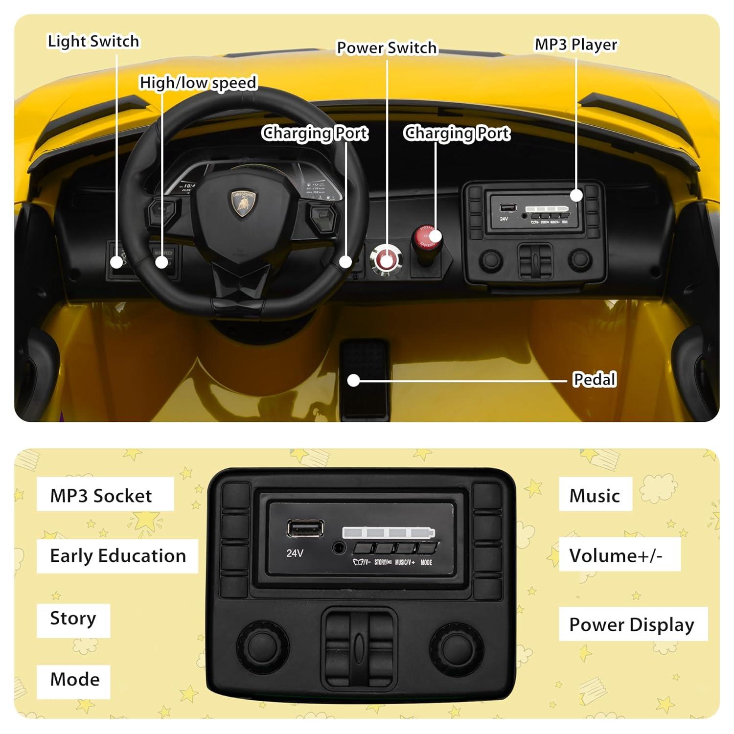Tobbi 24V Lamborghini 2-seater Battery Powered Ride on with High/Low speed switch, Slow start function, Battery level display, MP3, USB, Light Drift Car for Kids 3-8