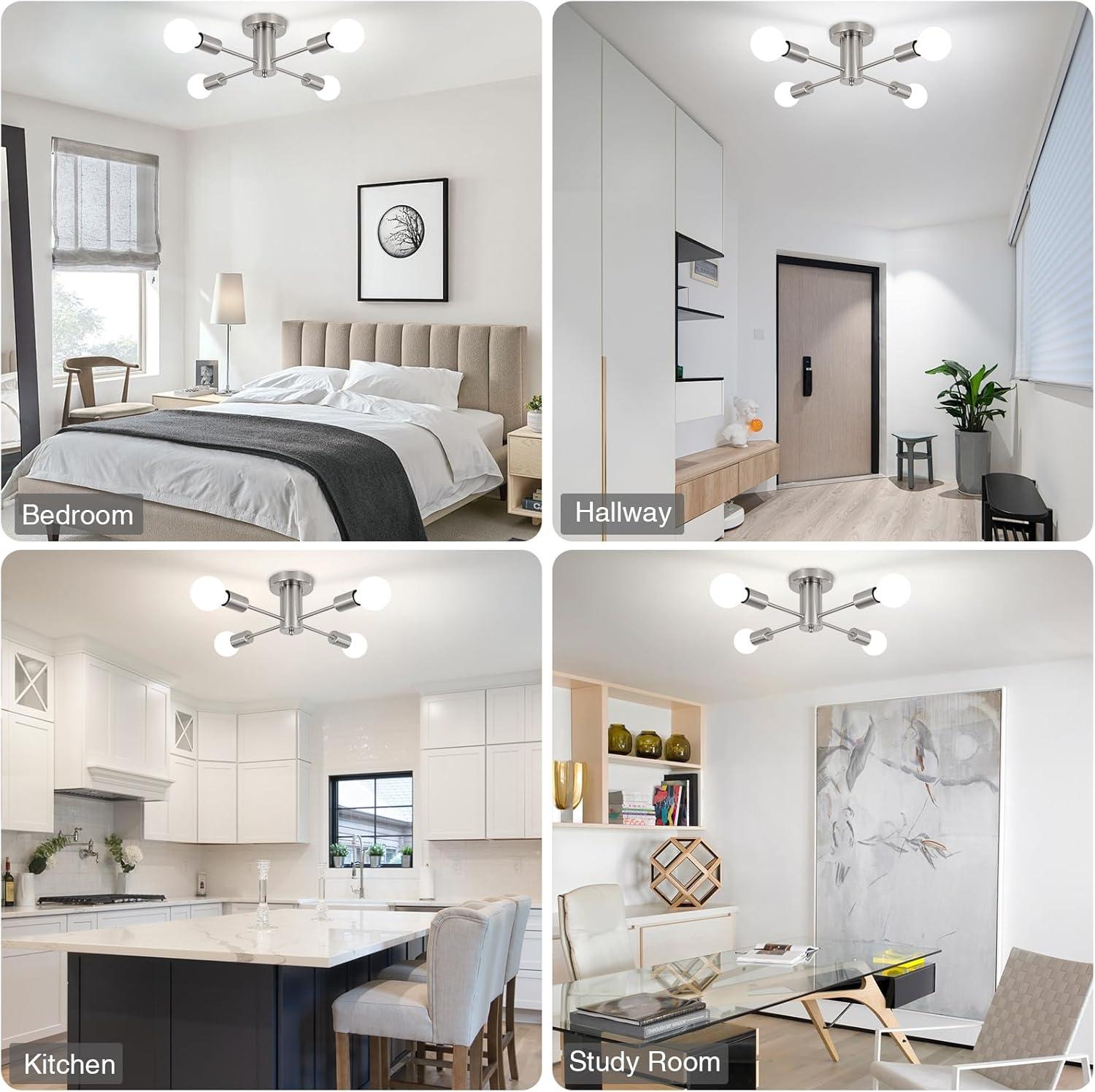 Sputnik Chandeliers, 4 Lights Kitchen Lighting Fixtures Ceiling Brushed Nickel Chandelier, Semi Flush Mount Ceiling Light Fixture for Bedroom Hallway Kitchen Living Room Dining Room