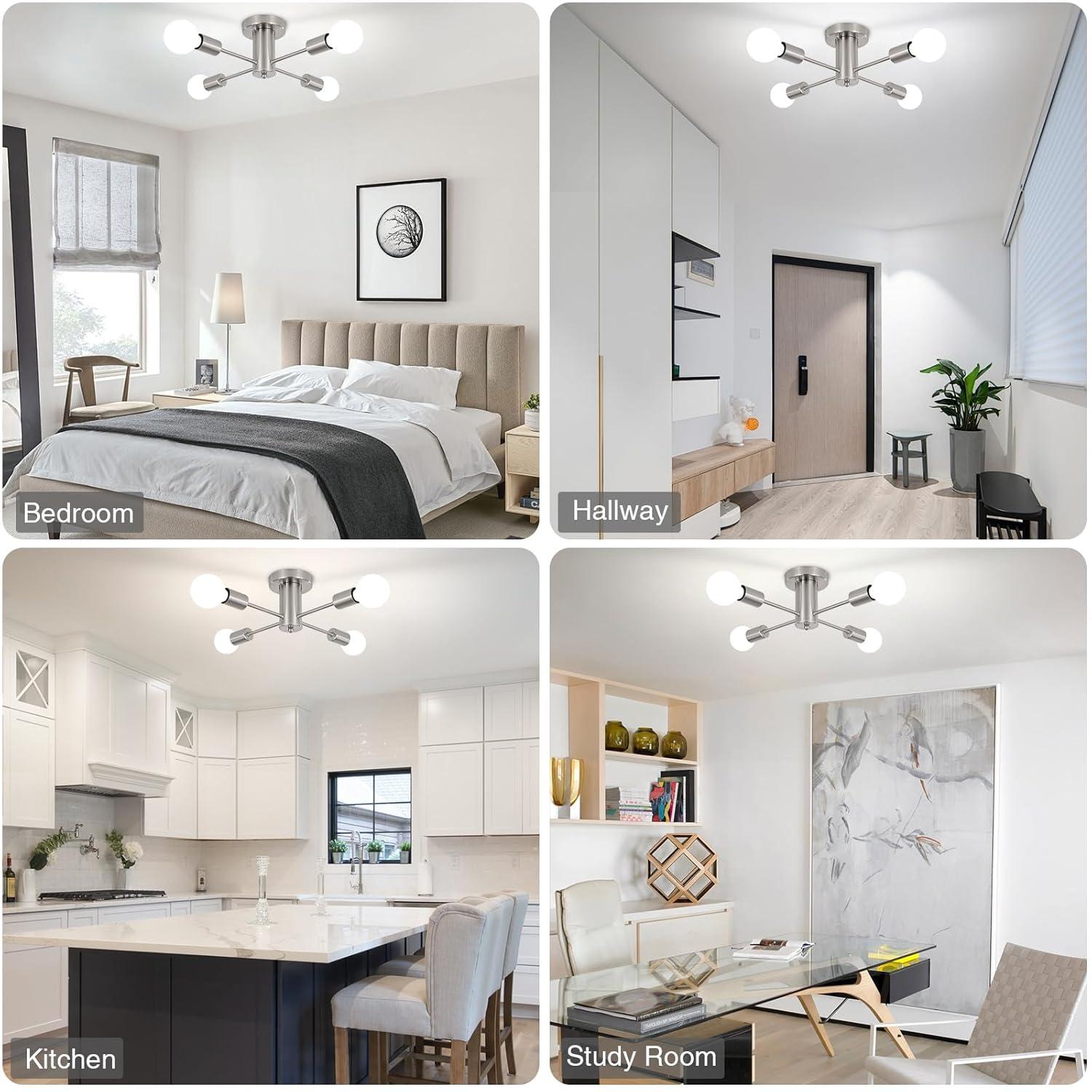 Sputnik Chandeliers, 4 Lights Kitchen Lighting Fixtures Ceiling Brushed Nickel Chandelier, Semi Flush Mount Ceiling Light Fixture for Bedroom Hallway Kitchen Living Room Dining Room