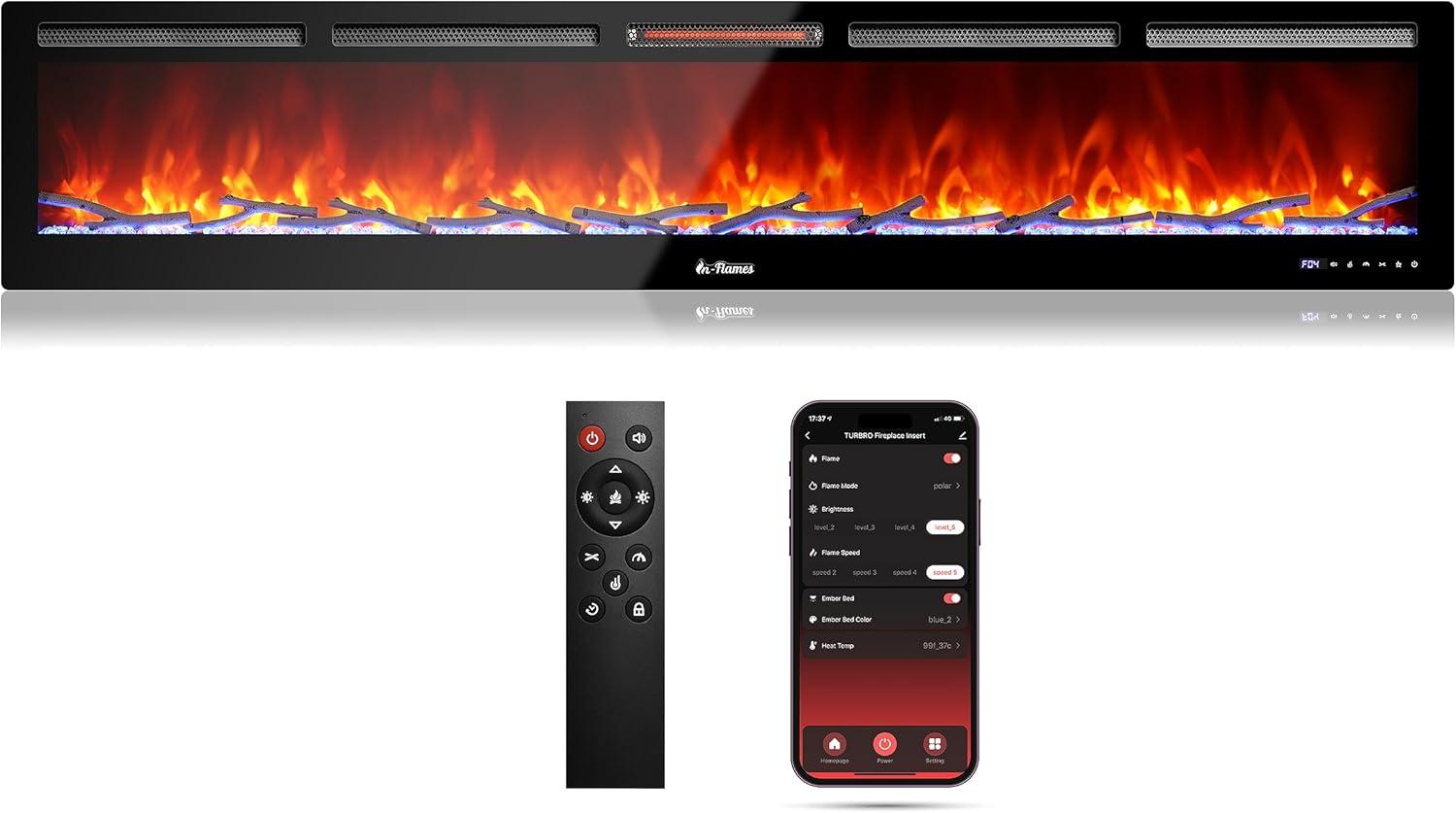 TURBRO 88” Smart WiFi Infrared Electric Fireplace with Sound Crackling and Realistic Flame, 1500W Quartz Heater, Recessed or Wall Mounted, Adjustable Flame Effects, Remote Control and App, in Flames
