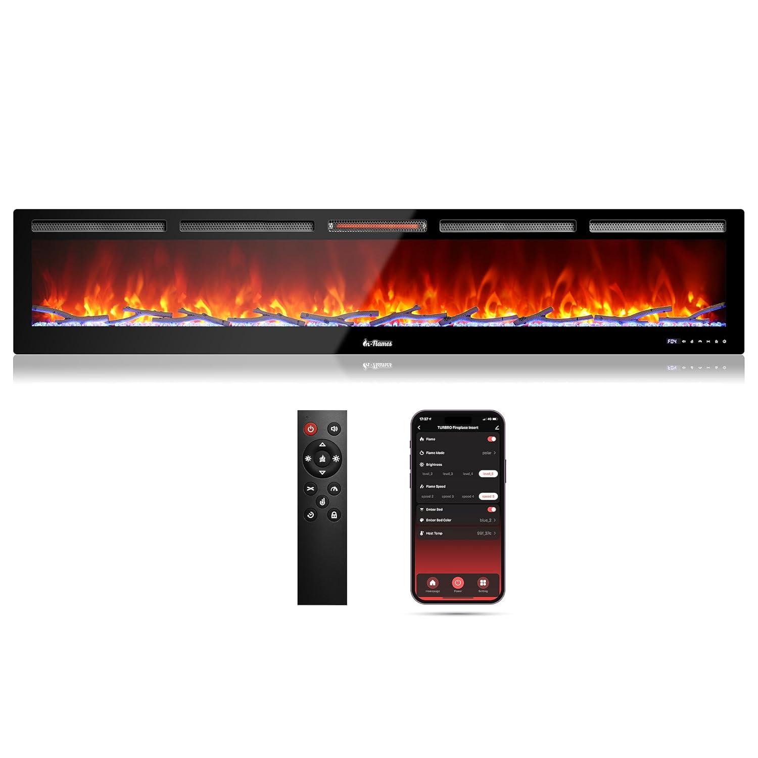 TURBRO 88” Smart WiFi Infrared Electric Fireplace with Sound Crackling and Realistic Flame, 1500W Quartz Heater, Recessed or Wall Mounted, Adjustable Flame Effects, Remote Control and App, in Flames