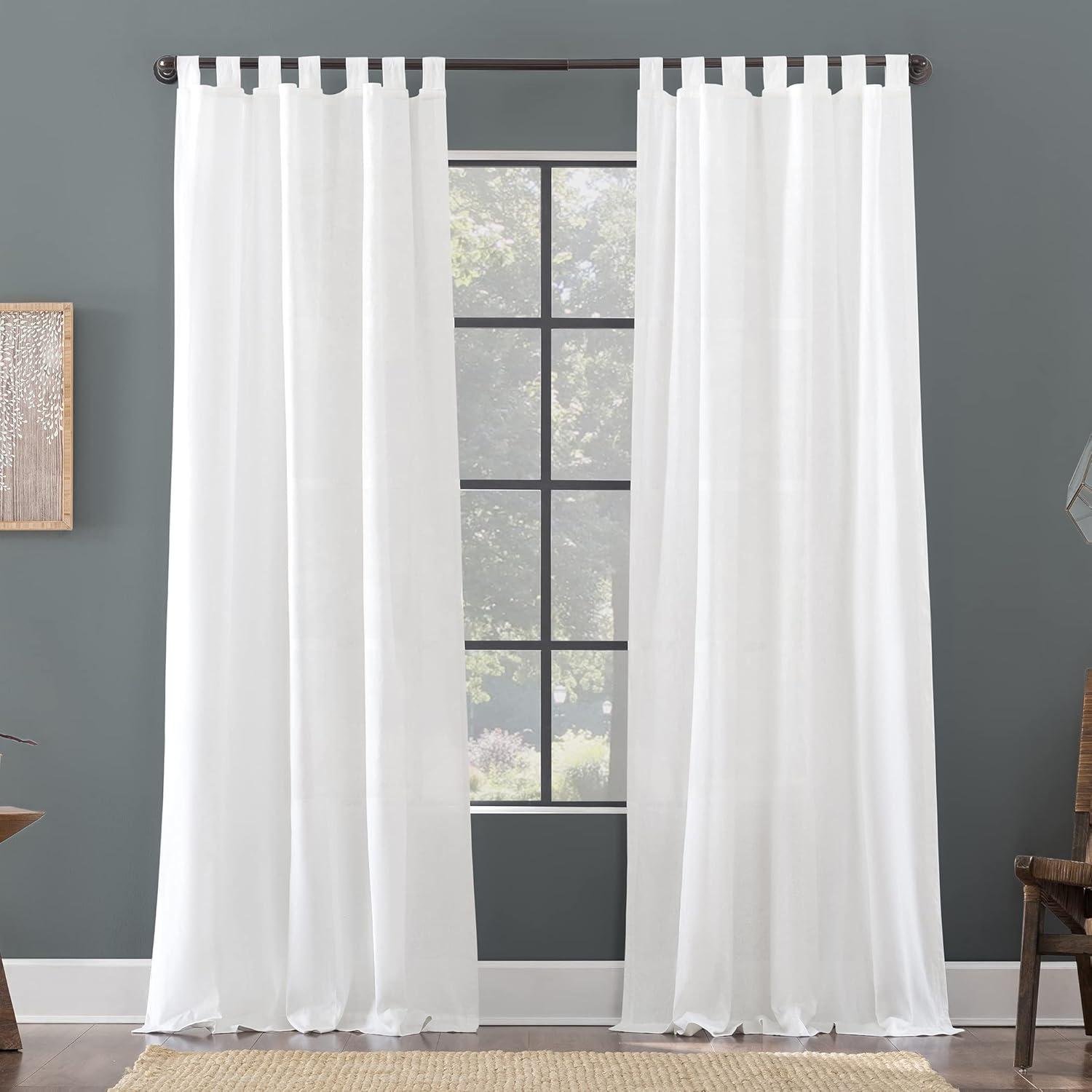 White Linen Cotton Blend Tab Top Curtain Panel 50" x 96"