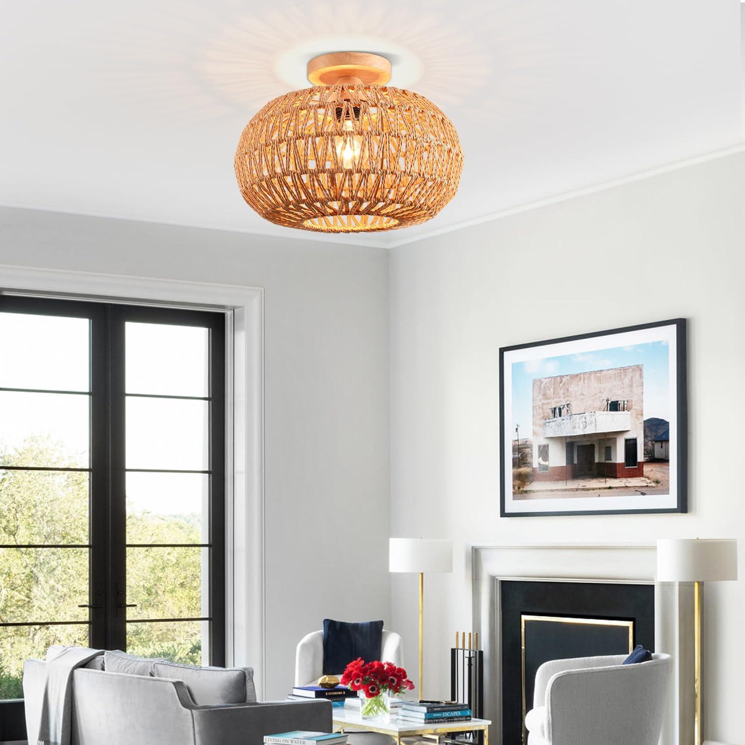 Bay Isle Home™ Bamboo Ceiling Light Fixtures, Hand-Woven Boho Flush Mount Ceiling Light, Handmade Ceiling Mount With Natural Bamboo Shade, Farmhouse Light Fixture