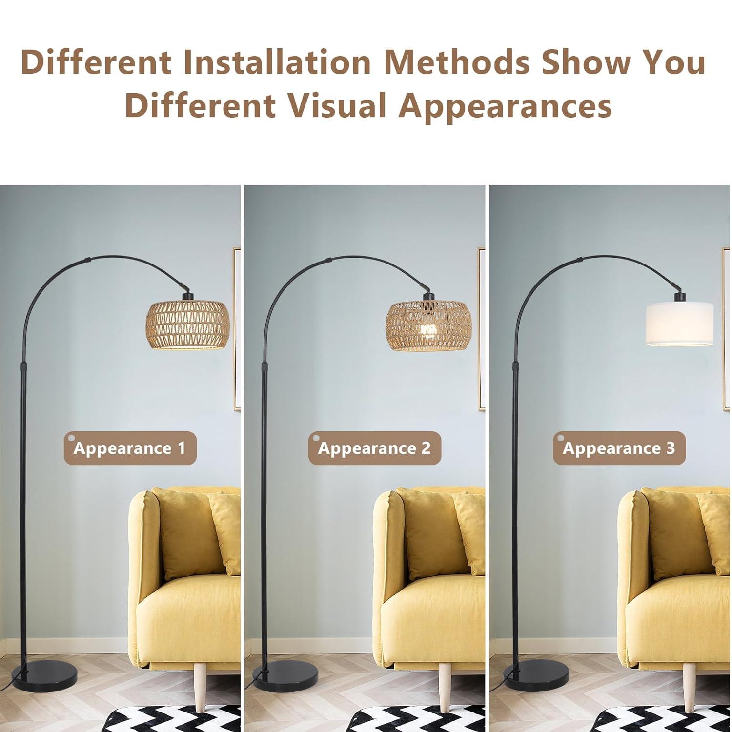 ROTTOGOON Boho Floor Lamp with Dimmable Bulb, Rattan &Linen Double Shades, Boho Standing Tall Lamps with Foot Switch, Bohemian Floor Lamps for Living Room, Bedroom, Office