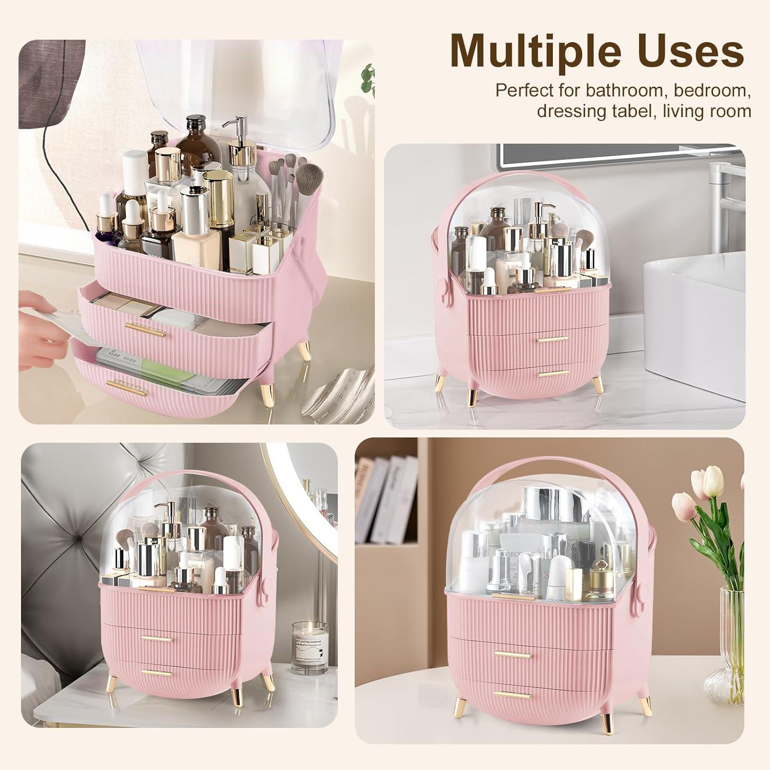 Rebrilliant Makeup Organizers And Storage, Make Up Organizer For Vanity Cosmetics Skincare Organizers With Lid And Drawers Display Cases For Countertop(Pink)