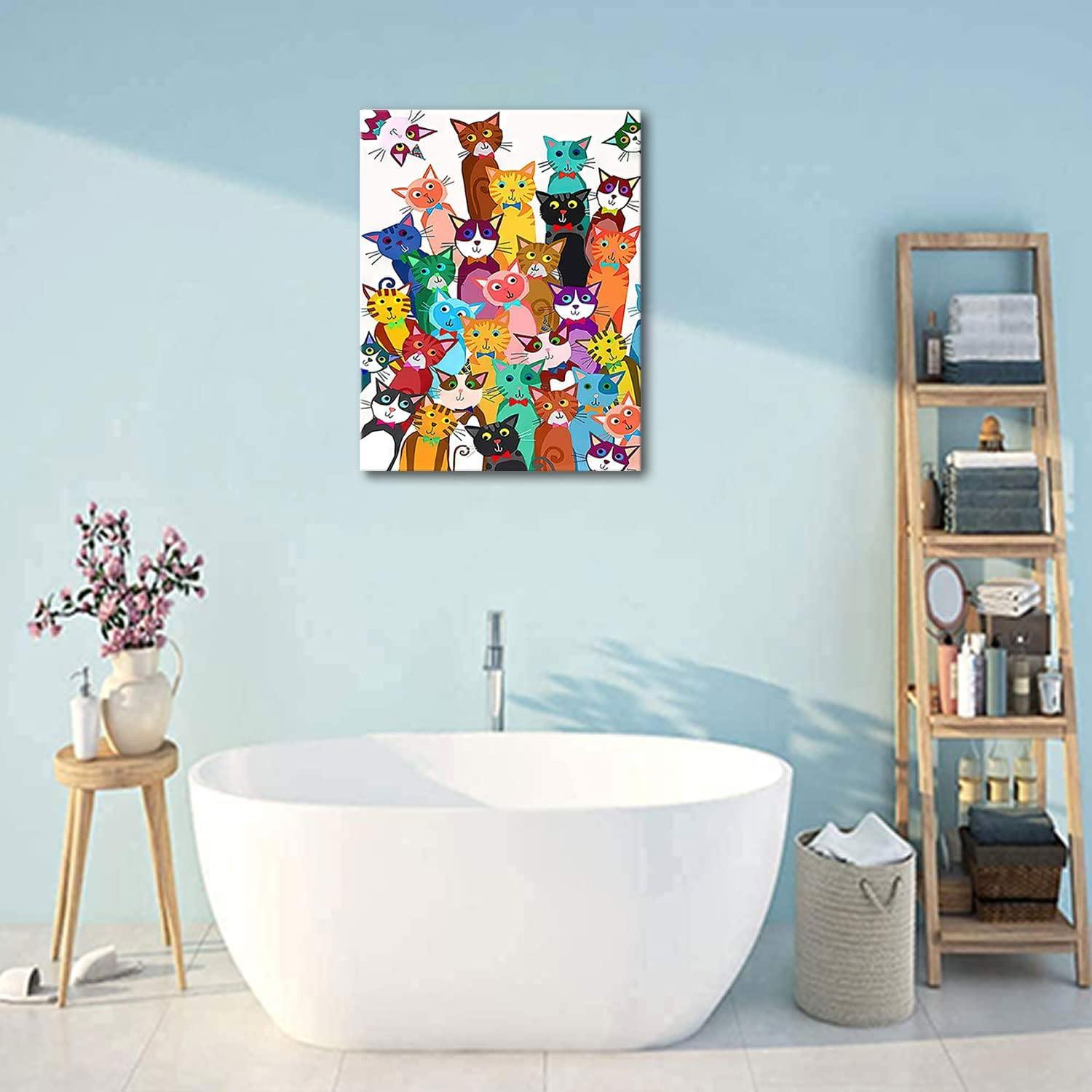 Framed Funny Colorful Cat Wall Art Cartoon Cat Canvas Print Cute Kitten Picture Poster Animals Painting Wall Decor for Bathroom Kid's Bedroom Nursery 12x16Inches