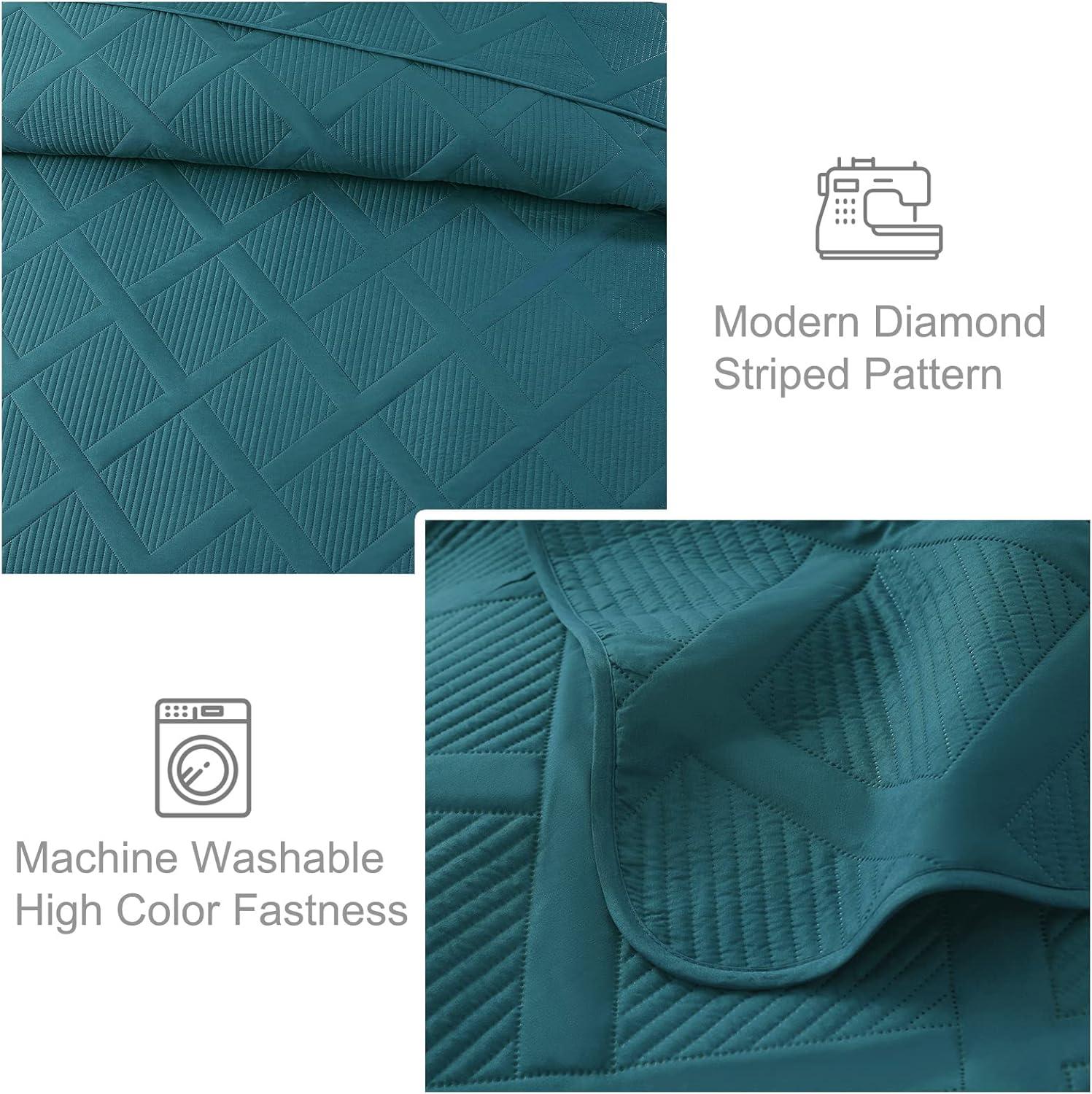 Exclusivo Mezcla Ultrasonic King Quilt Set, 3-Piece Lightweight Bedspreads Modern Striped Coverlet, Teal