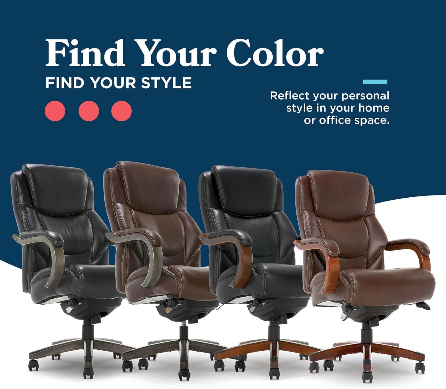 La-Z-Boy La-Z-Boy Delano Big & Tall Executive Office Chair, Ergonomic Mid-Back with Body Pillow Lumbar Support, ComfortCore® with Memory Foam Cushion, Mahogany Wood Arms and Swivel Base, Bonded Leather