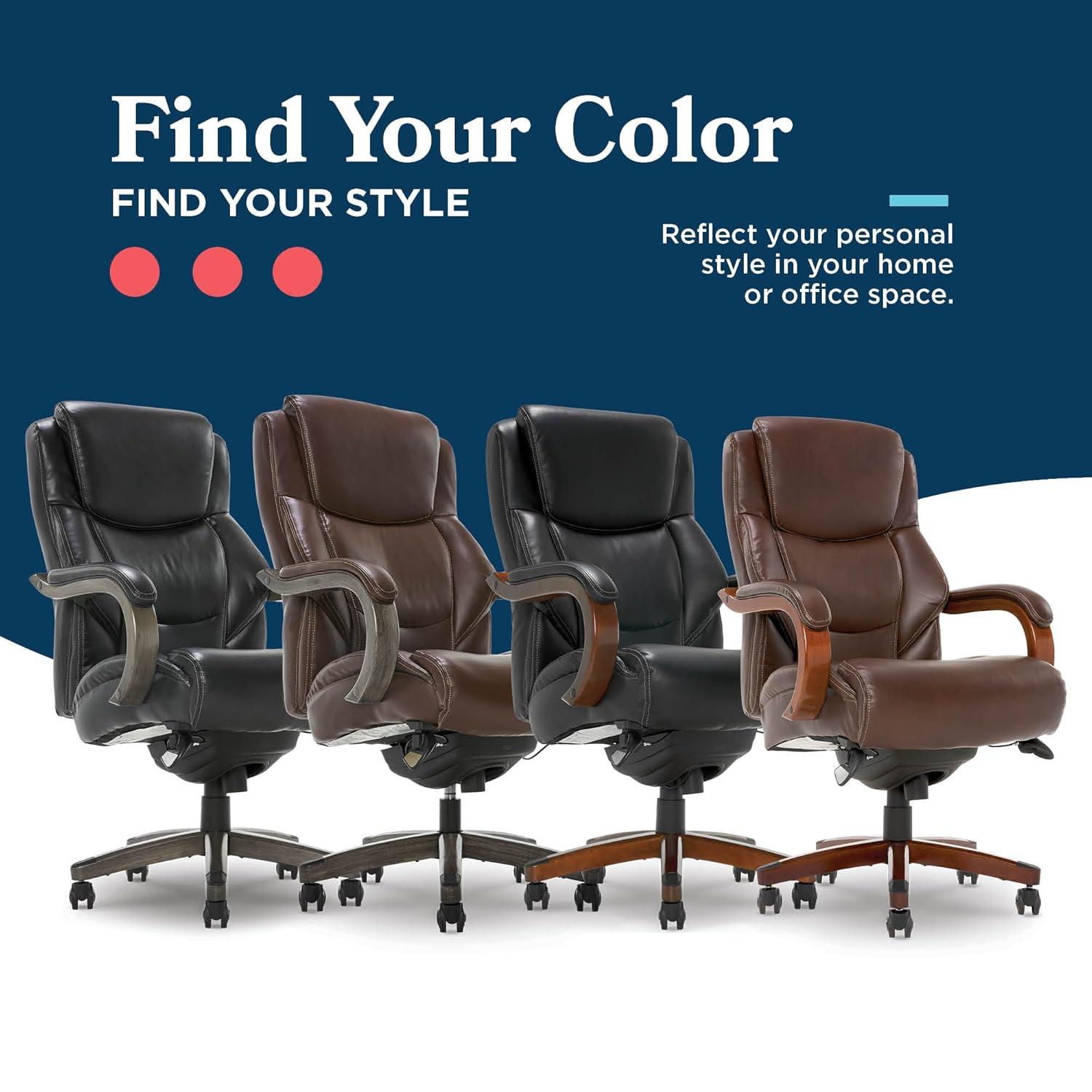 La-Z-Boy La-Z-Boy Delano Big & Tall Executive Office Chair, Ergonomic Mid-Back with Body Pillow Lumbar Support, ComfortCore® with Memory Foam Cushion, Mahogany Wood Arms and Swivel Base, Bonded Leather