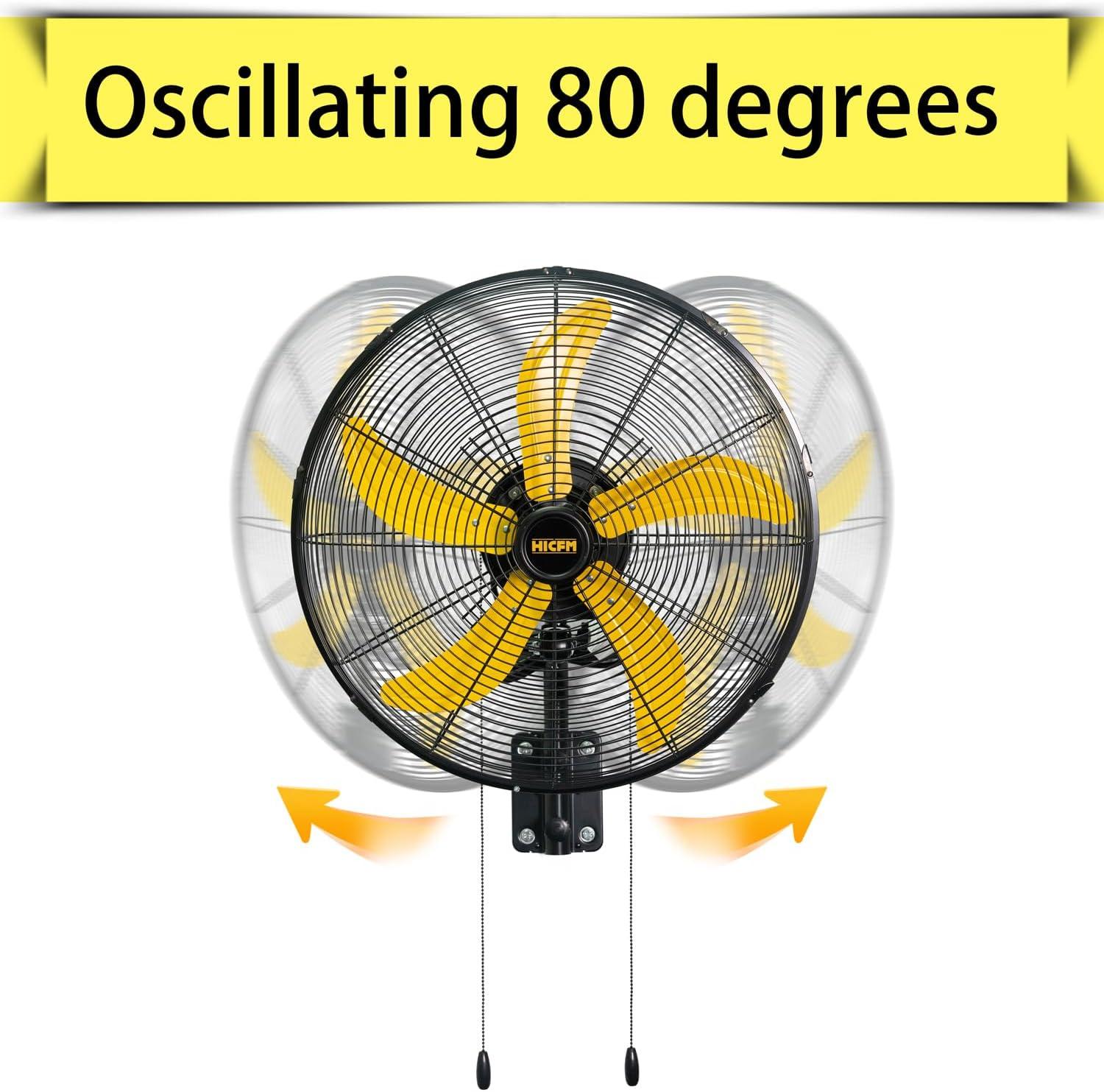 20 in. Oscillating Wall Fan, 4800 CFM High Velocity Industrial Mounted Wall Heavy-Duty Fans in Yellow with 3 Speeds