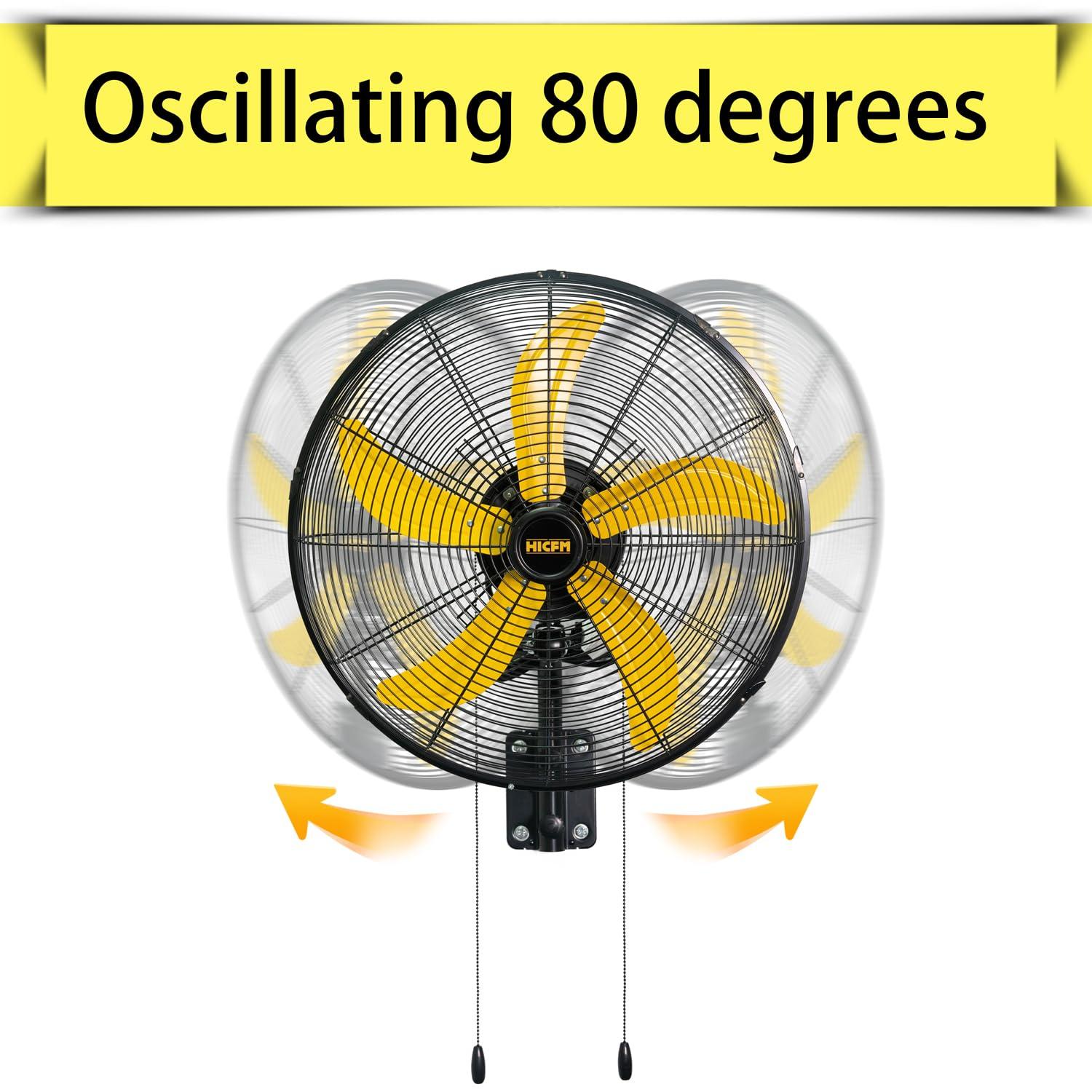 20 in. Oscillating Wall Fan, 4800 CFM High Velocity Industrial Mounted Wall Heavy-Duty Fans in Yellow with 3 Speeds