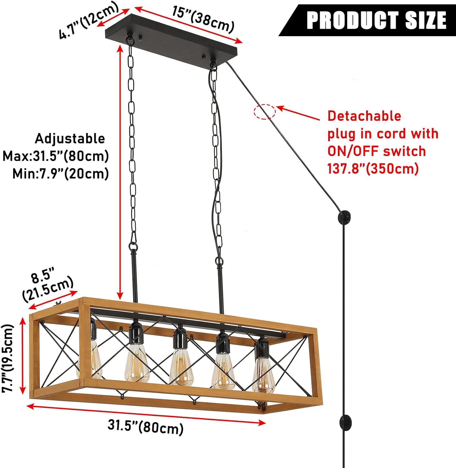 Rustic Kitchen Light Fixtures, Farmhouse Chandelier with Detachable Plug in Cord for Dining Room, Pool Table, Wood Linear Rectangular Pendant Light Fixtures Ceiling Hanging Black