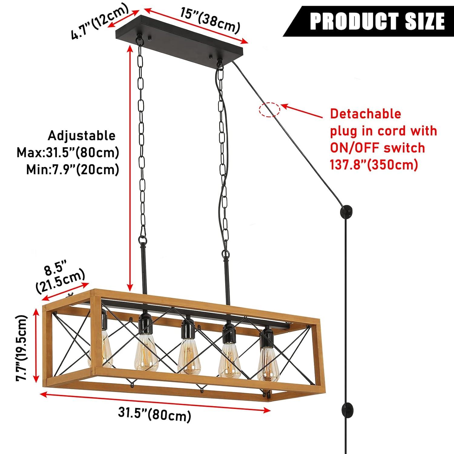Rustic Kitchen Light Fixtures, Farmhouse Chandelier with Detachable Plug in Cord for Dining Room, Pool Table, Wood Linear Rectangular Pendant Light Fixtures Ceiling Hanging Black