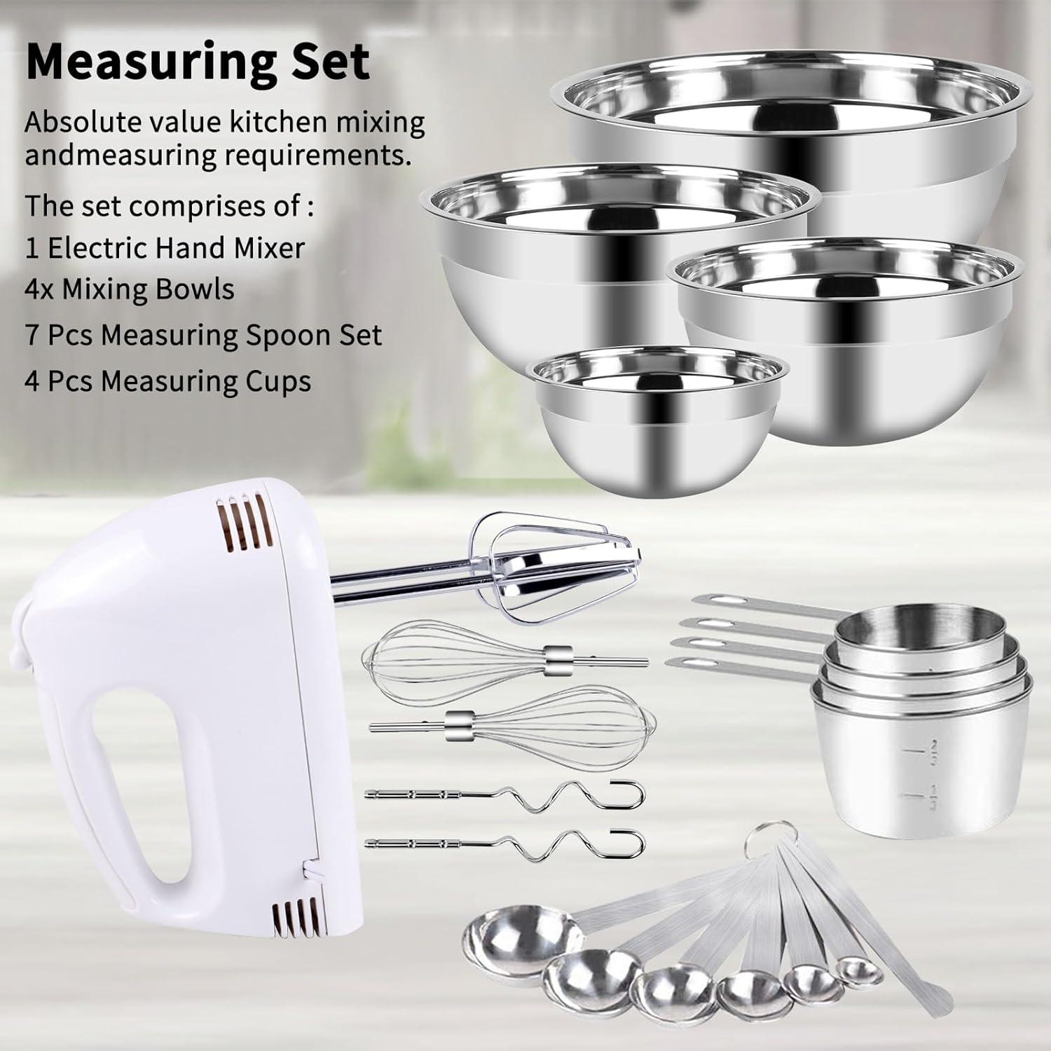 MODERN WALLS LLC B07SJQZVZS Hand Mixer Electric Mixing Bowls Set, 5 Speeds Handheld Mixer With 4 Nesting Stainless Steel Mixing Bowl, Measuring Cups Spoons 200W Kitchen Blender Whisk Beater Baking Supplies For Beginner