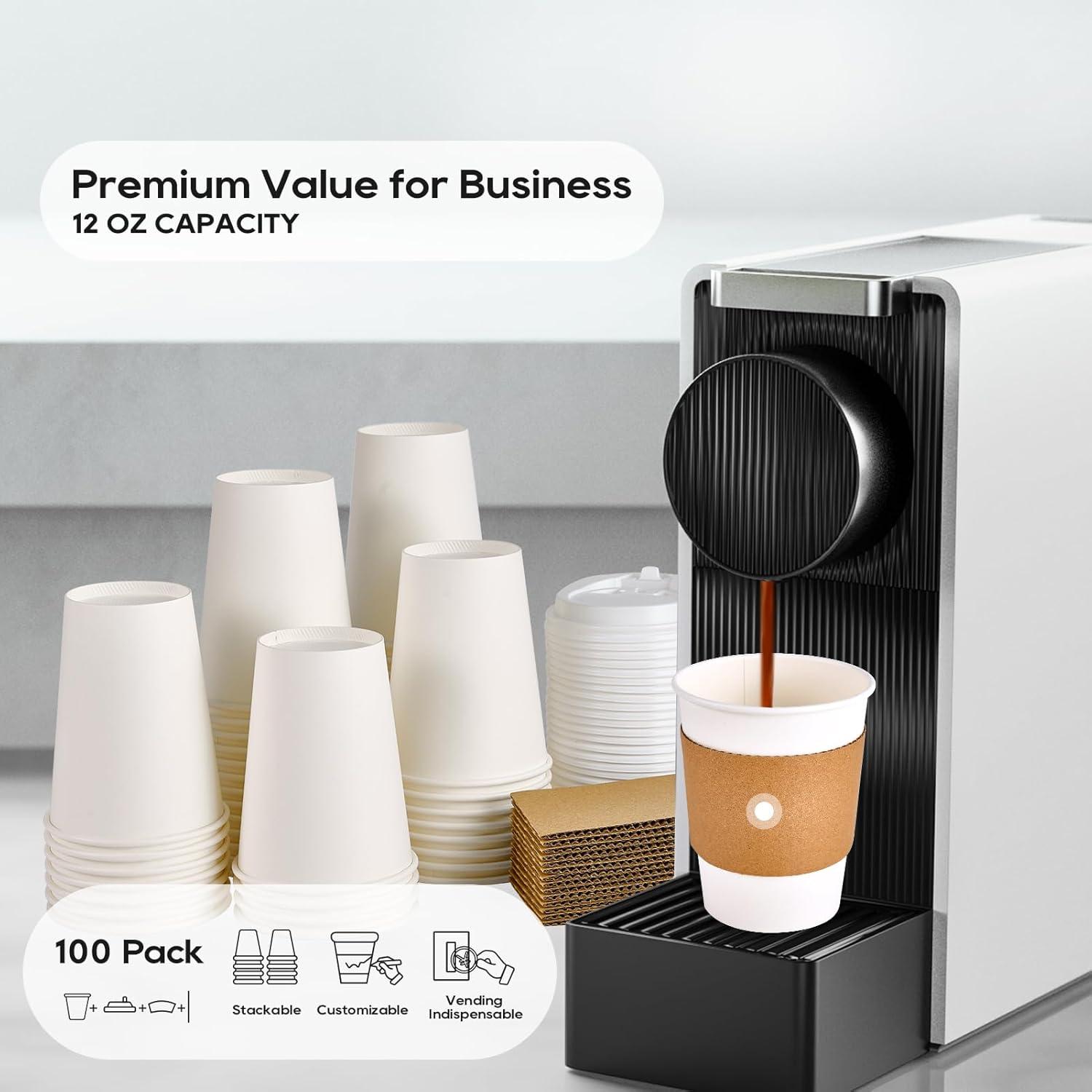FAST APPLIANCES LLC Paper Cups,Cups,Disposable Cups 100 Pack 12 Oz Leak-Proof Coffee Cups With Lids And Sleeves Disposable Paper To Go Hot Coffee Cups For Home, Business, Office, Cafes And Parties