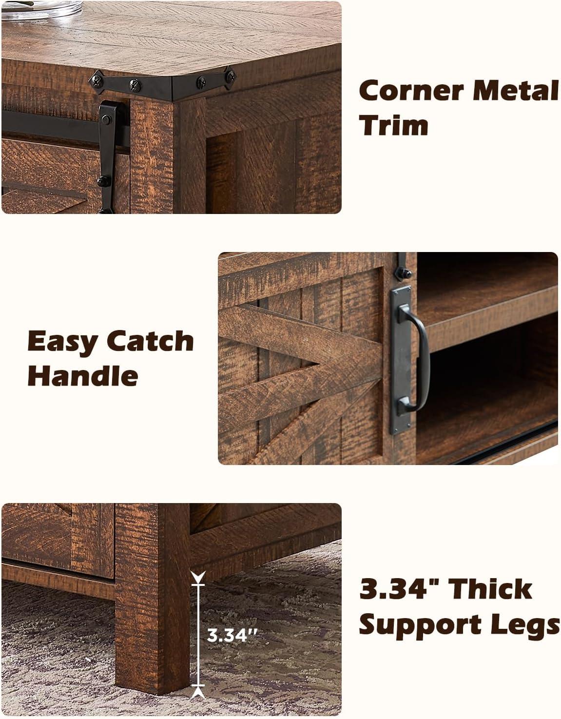 OKD Farmhouse Sturdy Coffee Table with Sliding Barn Doors and Storage Shelves for Living Room, Den, Family Room, or Office, Reclaimed Barnwood