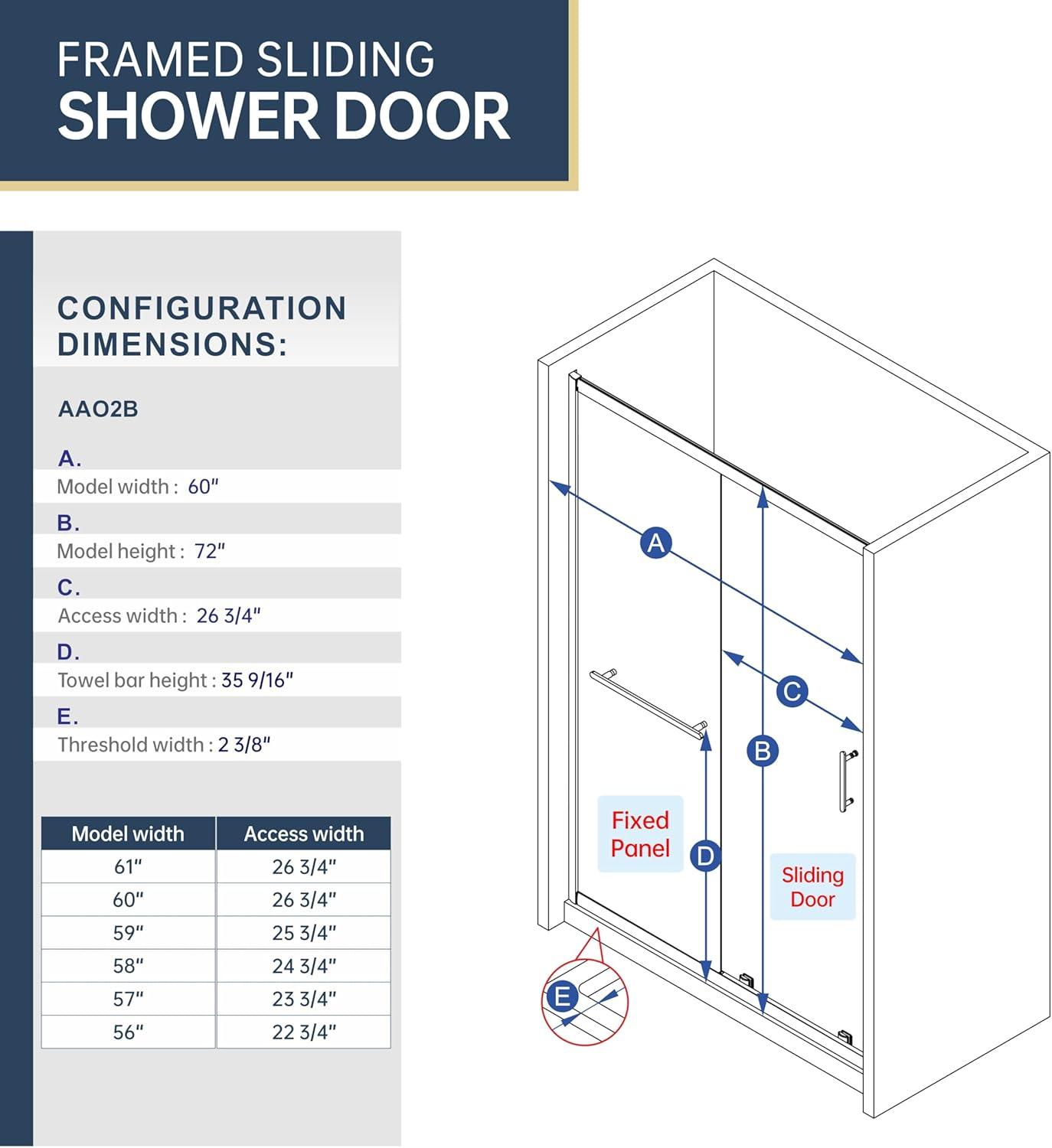 56-60" W x 72" H Framed Grid Pattern Single Sliding Shower Door with 1/4" (6mm) Clear SGCC Tempered Glass in Matte Black Finish, Reversible Installation