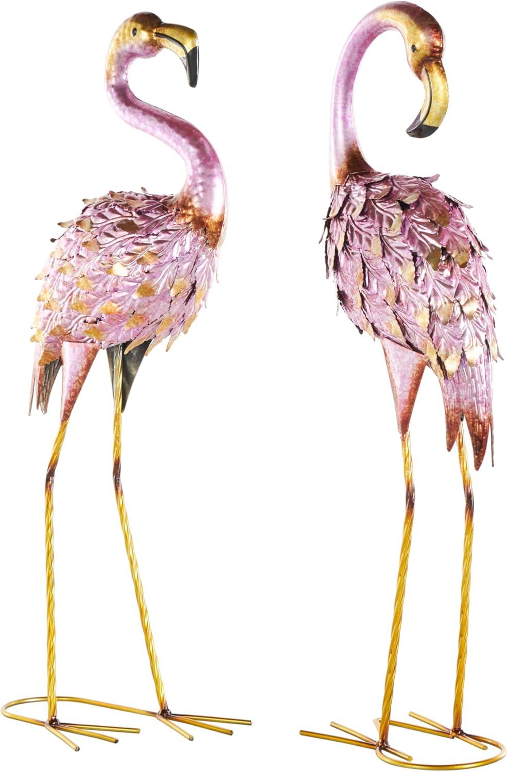 DecMode Coastal Outdoor Metal Standing Pink Flamingo Garden Sculpture, Set of 2 10"W x 38"H