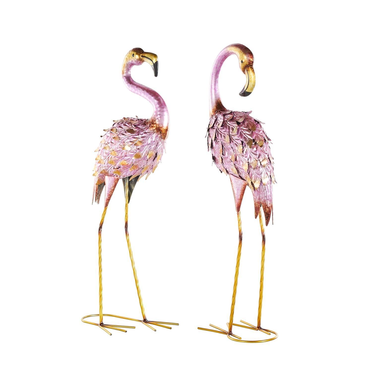 DecMode Coastal Outdoor Metal Standing Pink Flamingo Garden Sculpture, Set of 2 10"W x 38"H