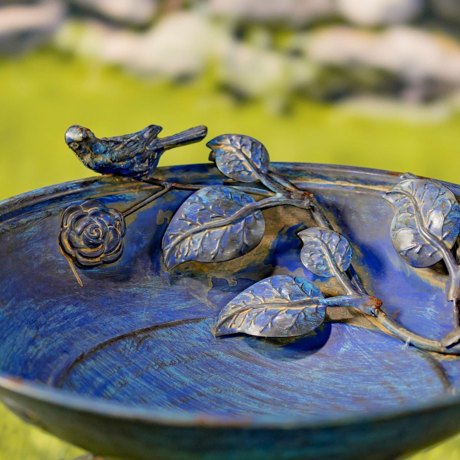 Zaer Ltd. Antique Blue Deep Round Metal Birdbath with Rose and Bird Accents