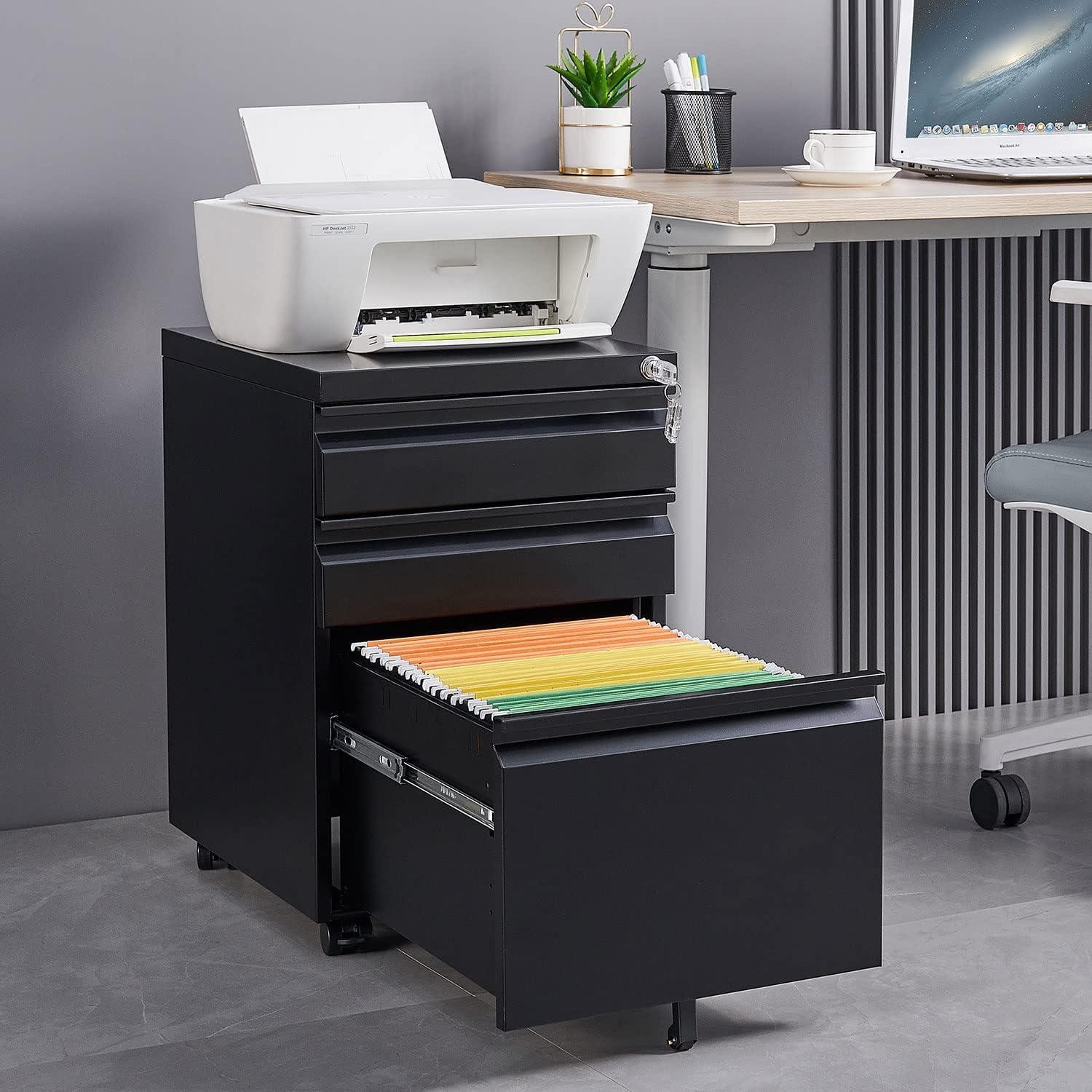 MIIIKO File Cabinet 3 Drawers on Wheels Under Desk, Black Metal Rolling File Cabinets with Lock for Home Office, Un-Assembled Filing Cabinet with Lock